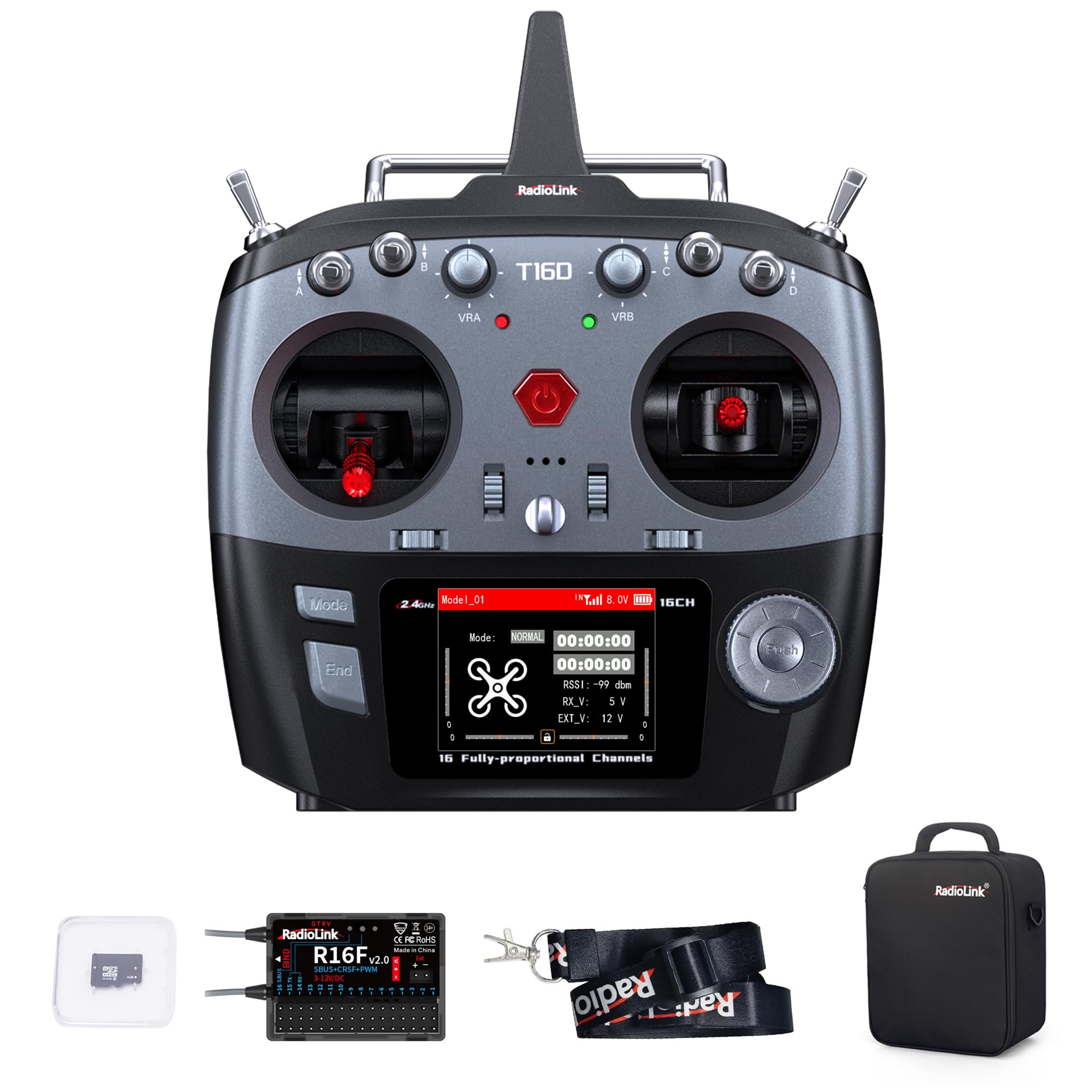 Radiolink T16D 16CH 2.4G RC Sender und R16F Empfänger | ELRS, Crossfire Module, Benutzerdefinierter Sprachübertragung, 100 Modelle, für RC-Flugzeuge, Drohnen, Autos und Boote