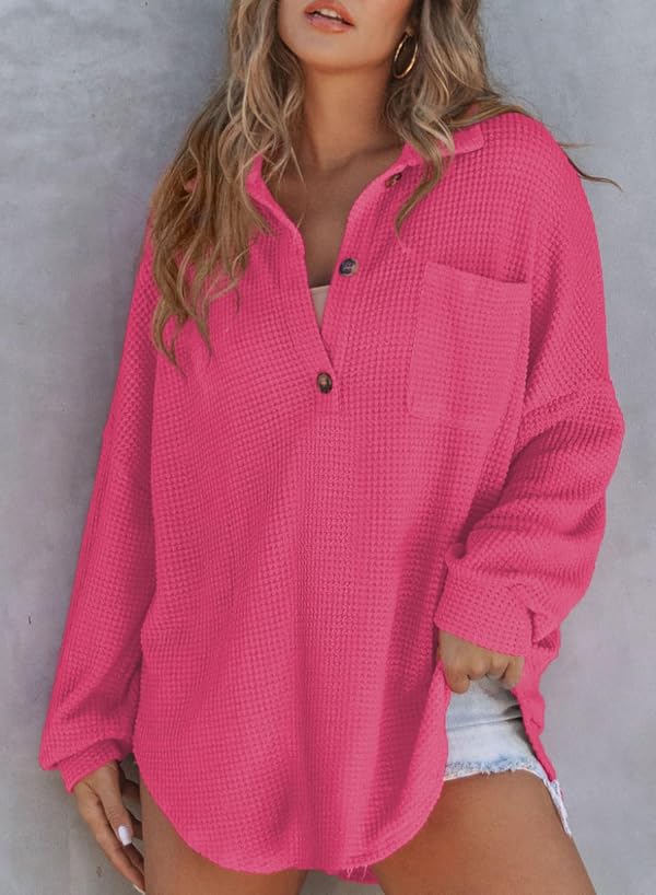 Astylish Women Waffle Shirts Oversized Long Sleeve V Neck, Rose Red, L by Astylish - Used condition - Image 2