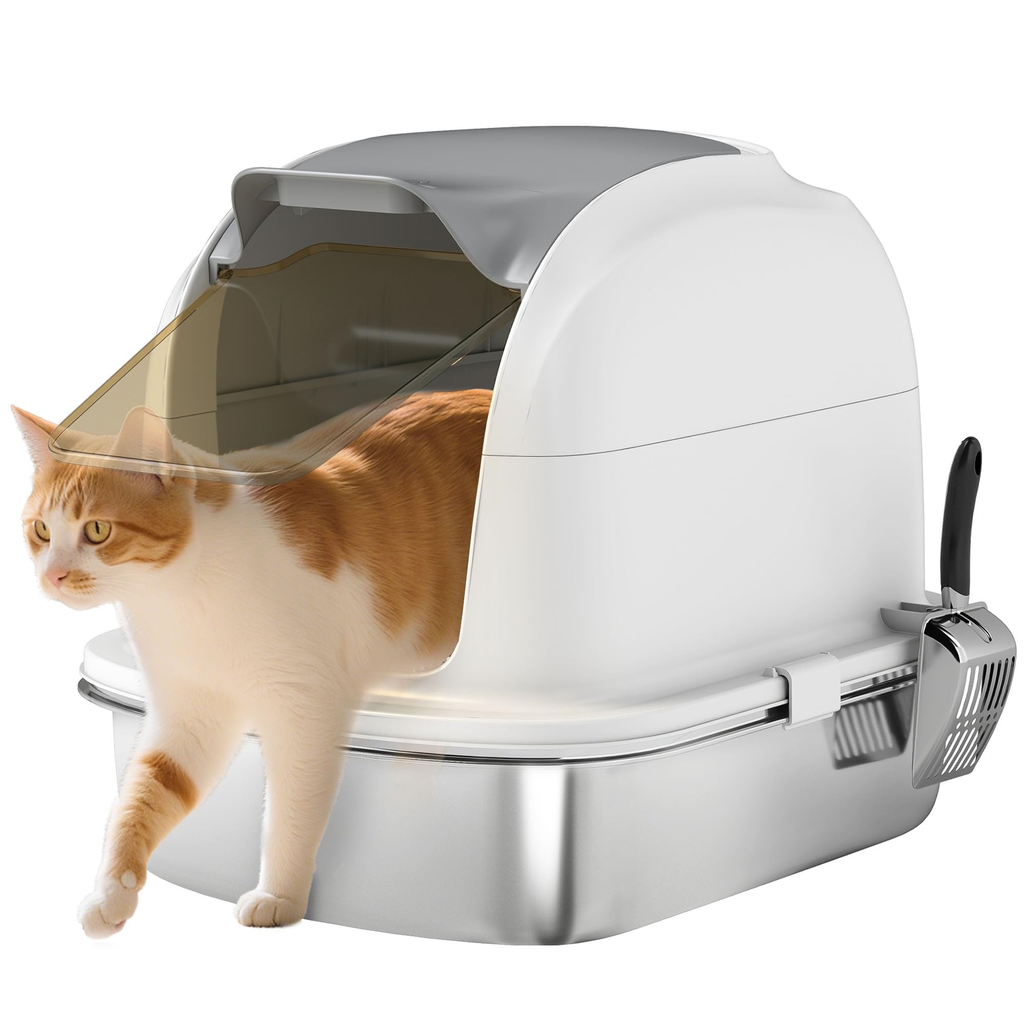 PawHut XL Stainless Steel Cat Litter Box, Litter Box for Cats, Litter Box with Hinged Lid, High Sides, Top Entry, Shovel, Odorless, Easy to Clean, Leakproof, White