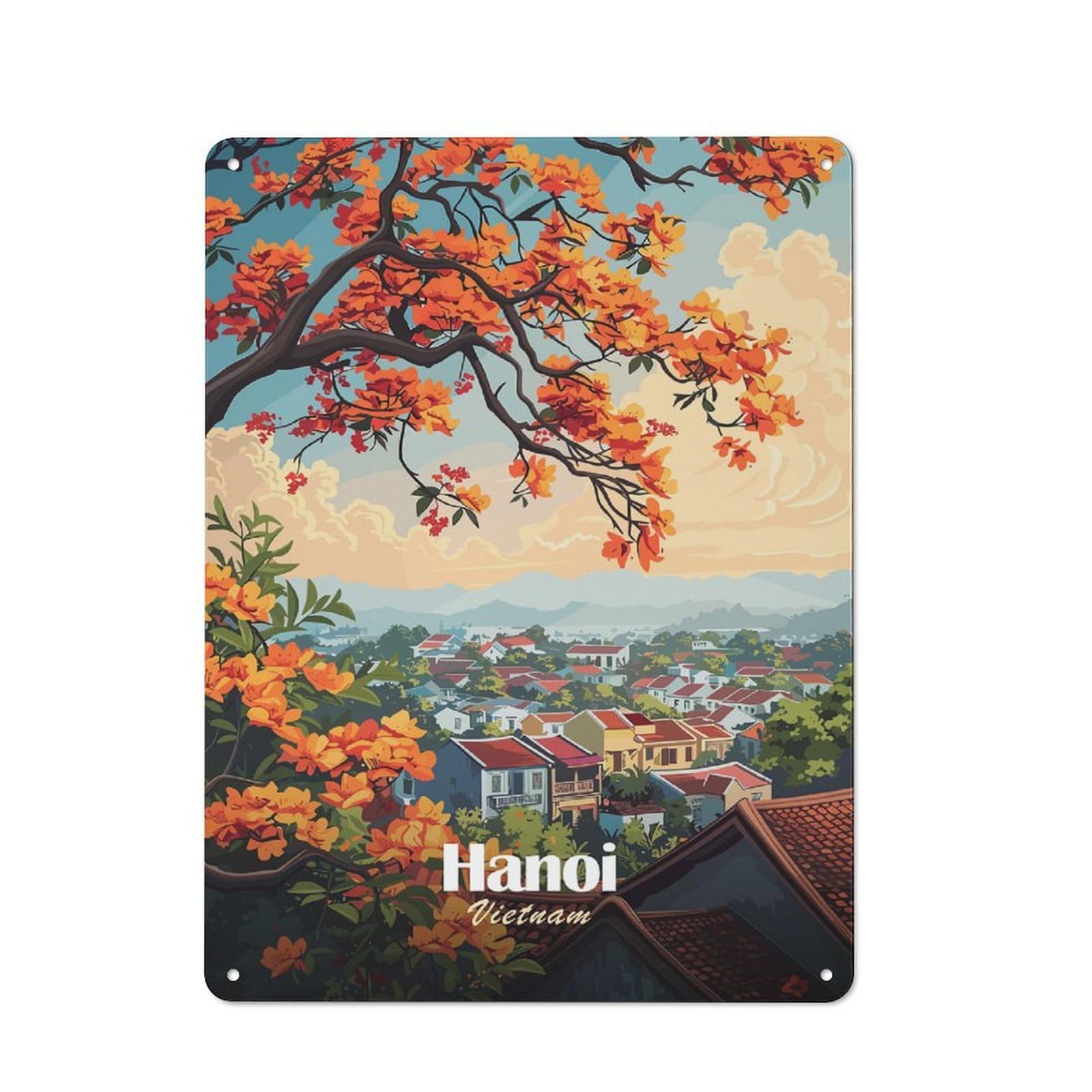 Junmoney Style-16 Urban Metal Wall Art Sign 40X30cm Featuring Hanoi, Vietnam Cityscape With Orange Flowers, Studio Wall Art For Modern Home, Workshop, Office Or Cafe