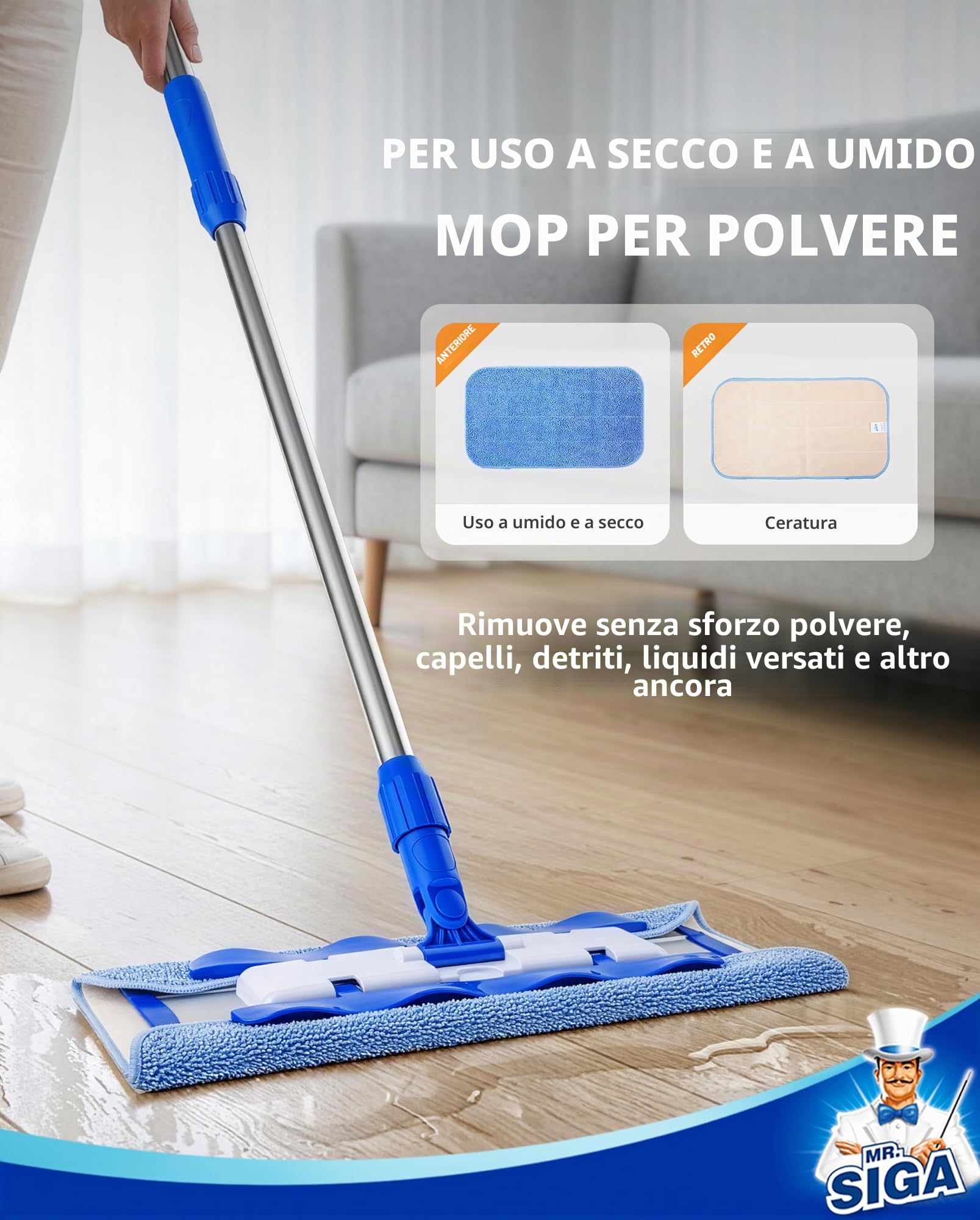 MR.SIGA Mop professionale in microfibra per la pulizia di pavimenti in legno duro, laminato e piastrelle, manico in acciaio inossidabile