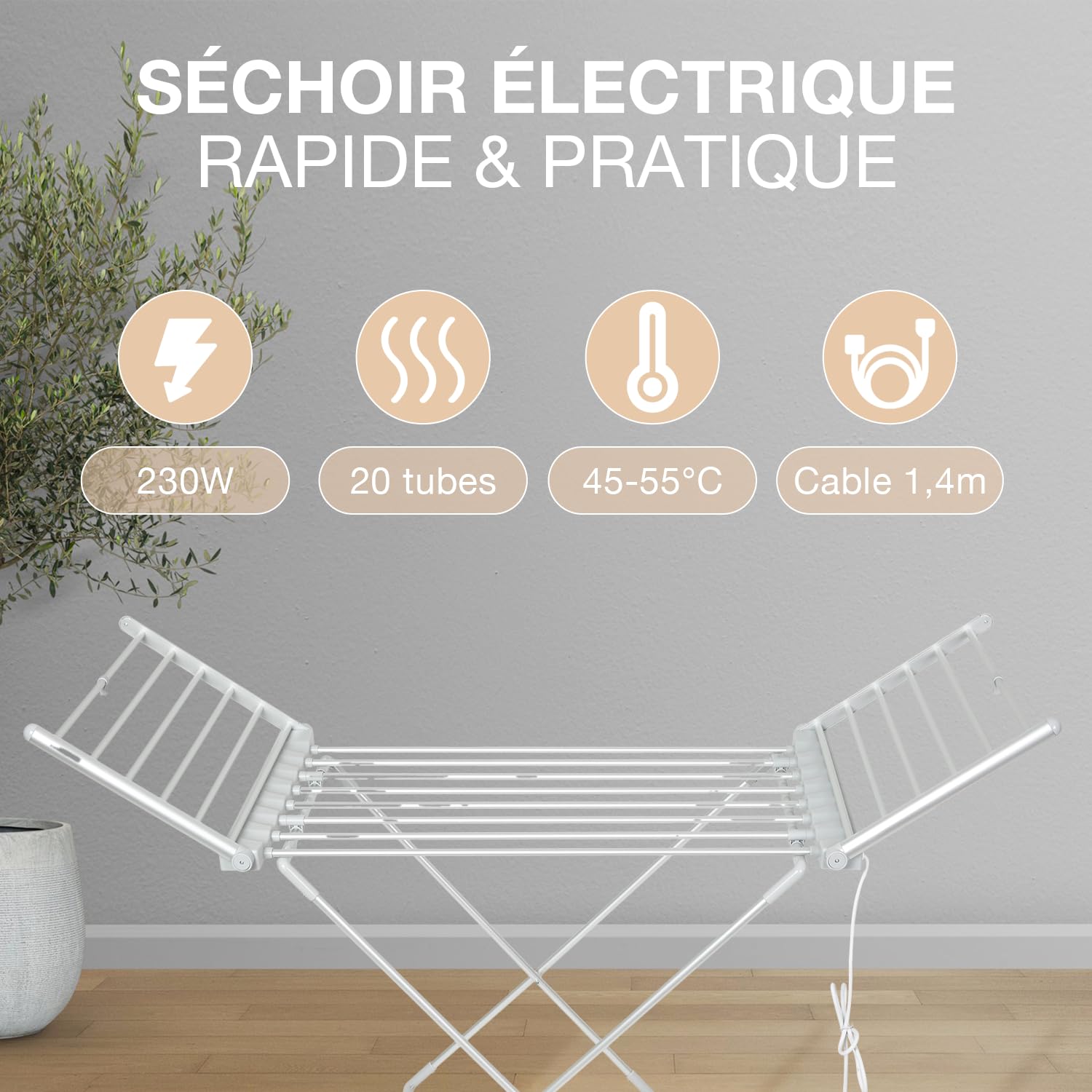 CATAVANA Séchoir Électrique XXL - 1,5m de Longueur - 230W - Température de 45-55°C - Séchage Rapide et Doux pour Jusqu’à 15kg de Linge - Câble de 1,4m - Idéal pour Séchage en Intérieur