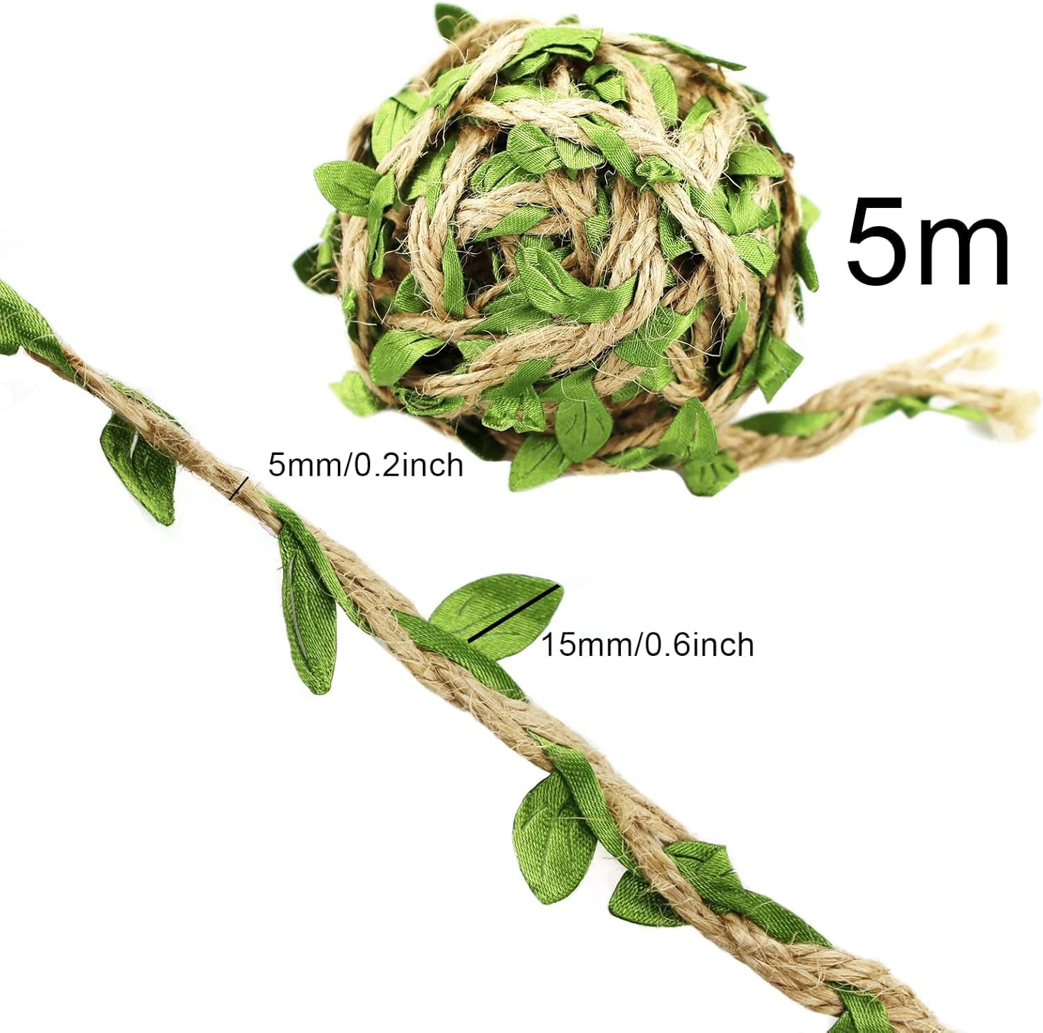 SZXMDKH Cuerda de yute con hojas verdes de 5 m, ideal para decoración de jardín, decoración de yute