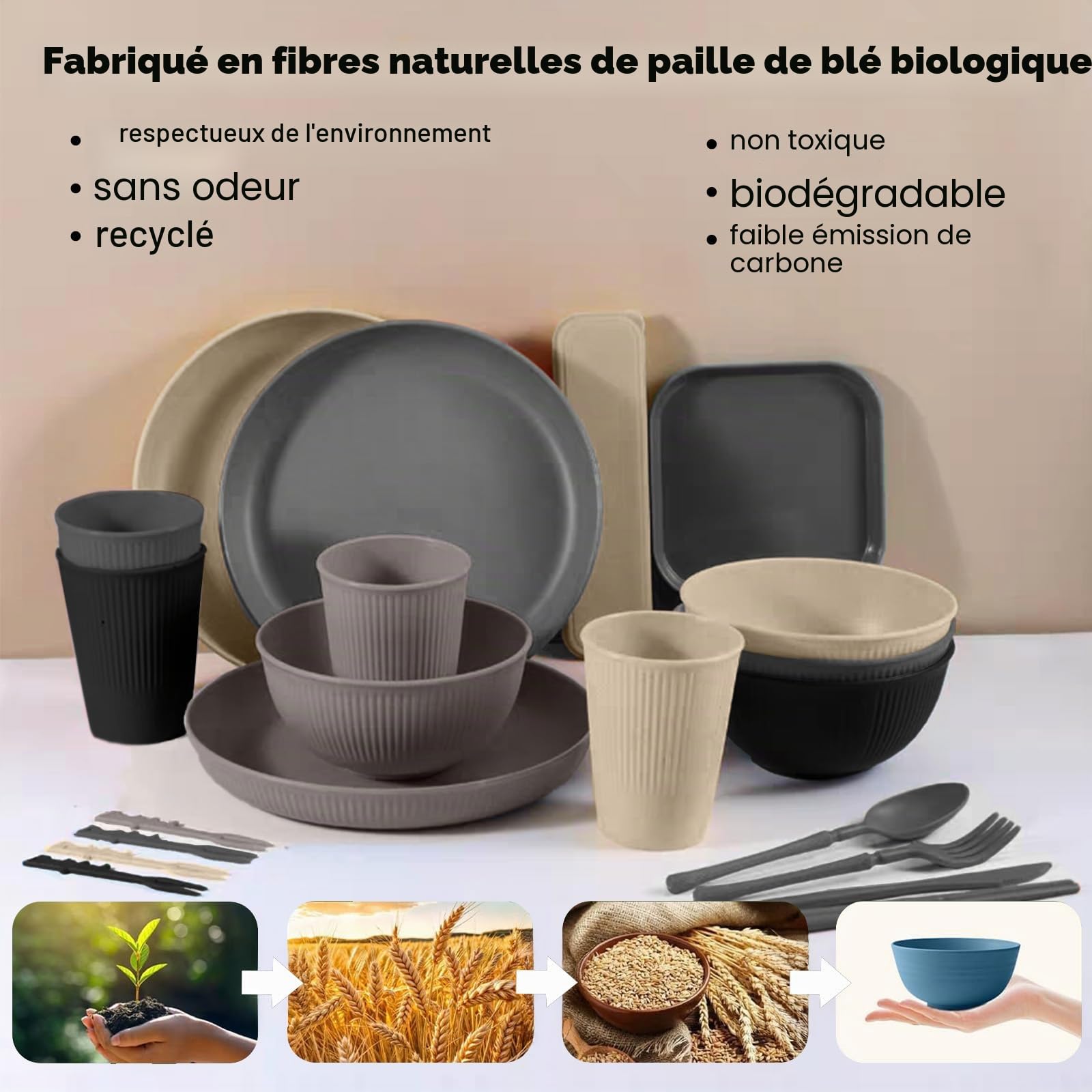 45 Pièces Ensemble Vaisselle Camping Léger pour 4 Personnes avec Bol,Assiette,Cuillère,Fourchette,Couteau,Gobelet et Sac Eangement,Écologique,Reutilisable,Incassable,Lave-Vaisselle(Neutres)