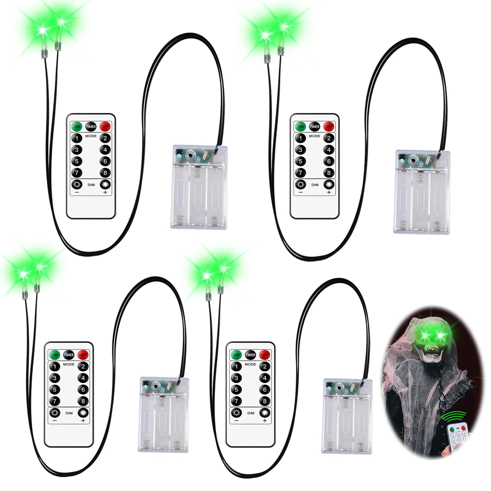 4 PCS Halloween LED Glowing Light Up Eyes for Masks,Skulls,Skeleton,Costume Cosplay Pumpkin,Tombstones,Halloween Horror Decoration Green Lights for Indoor Outdoor,Timer & 8 Modes(Battery Not Included) — image 1