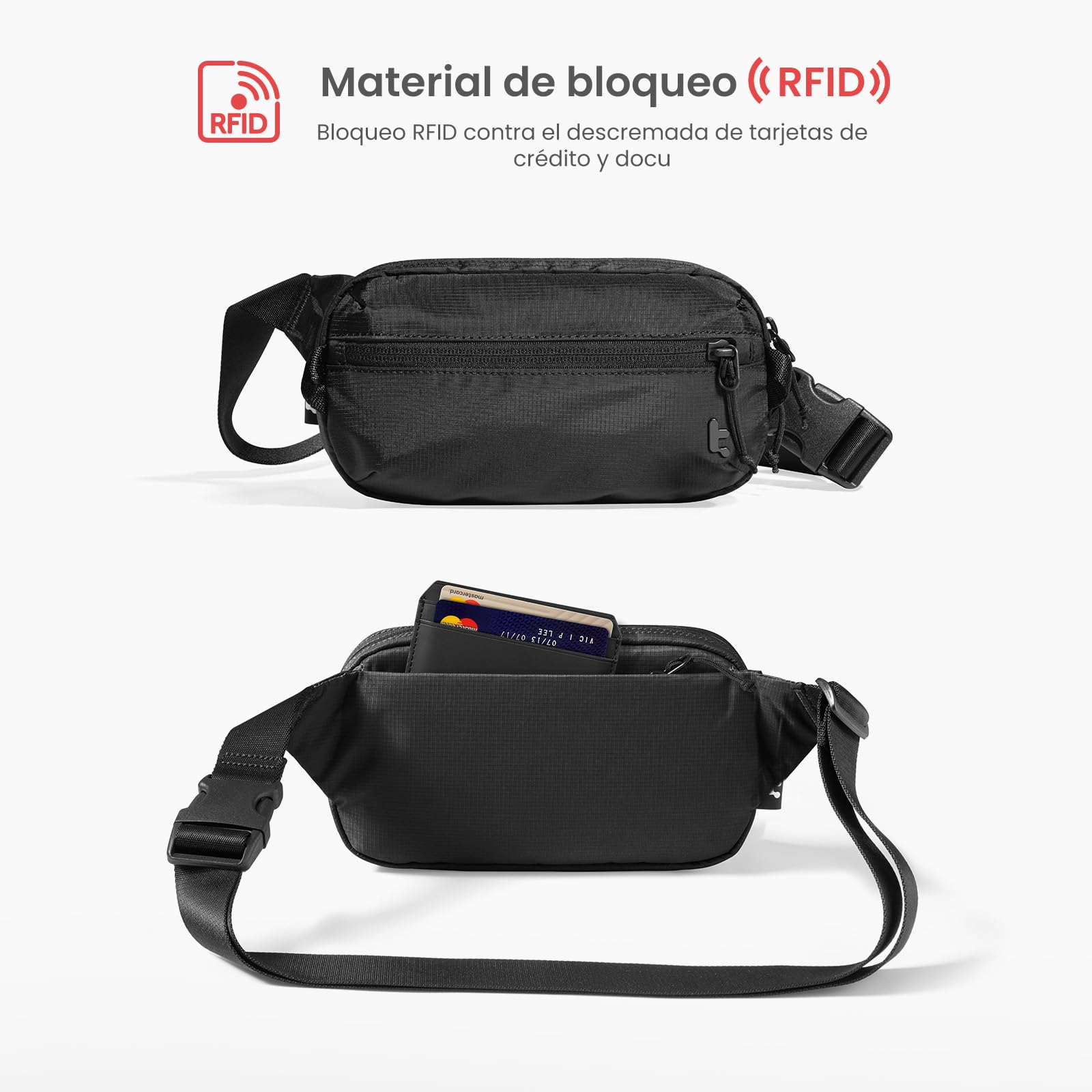 tomtoc 1,5 L Bolso Bandolera Sling Bag con Protección RFID, Riñonera Antirrobo Bolso Cruzado/Pecho Crossbody para Hombre y Mujer, Ligero y Resistente a Salpicaduras para Viajes y Uso Diario, Negra