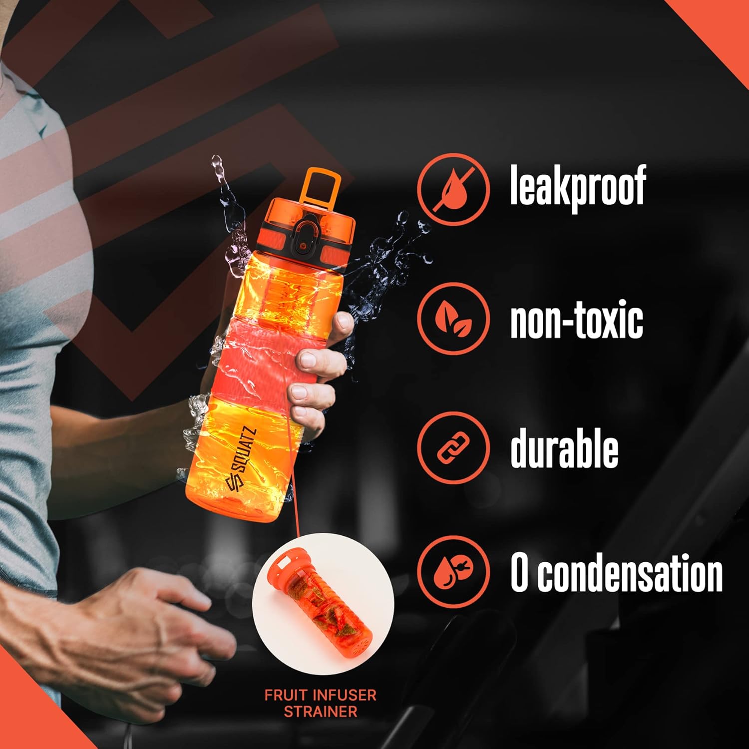 SQUATZ 24 Oz Poseidon Series Sports Water Bottle - Premium Quality Wide Mouth Gym Juice Protein Flask with Fruit Infuser Strainer, Carrying Strap, Leak Resistance, and Zero Condensation,Orange