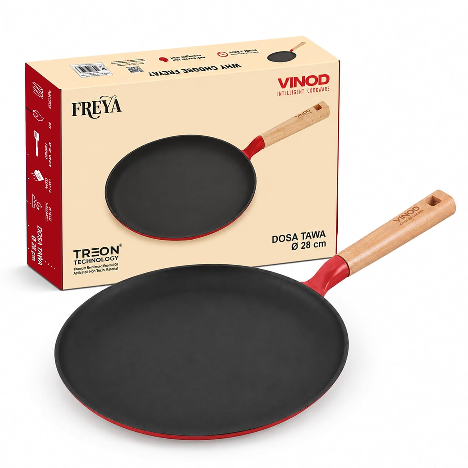 Vinod Freya Cast Iron Dosa Tawa 28 cm, TREON Titanium-Reinforced Enamel, No Seasoning Required, Oil-Activated Food Release, No Traditional Seasoning, Gas & Induction Base, Beechwood Handle – Red