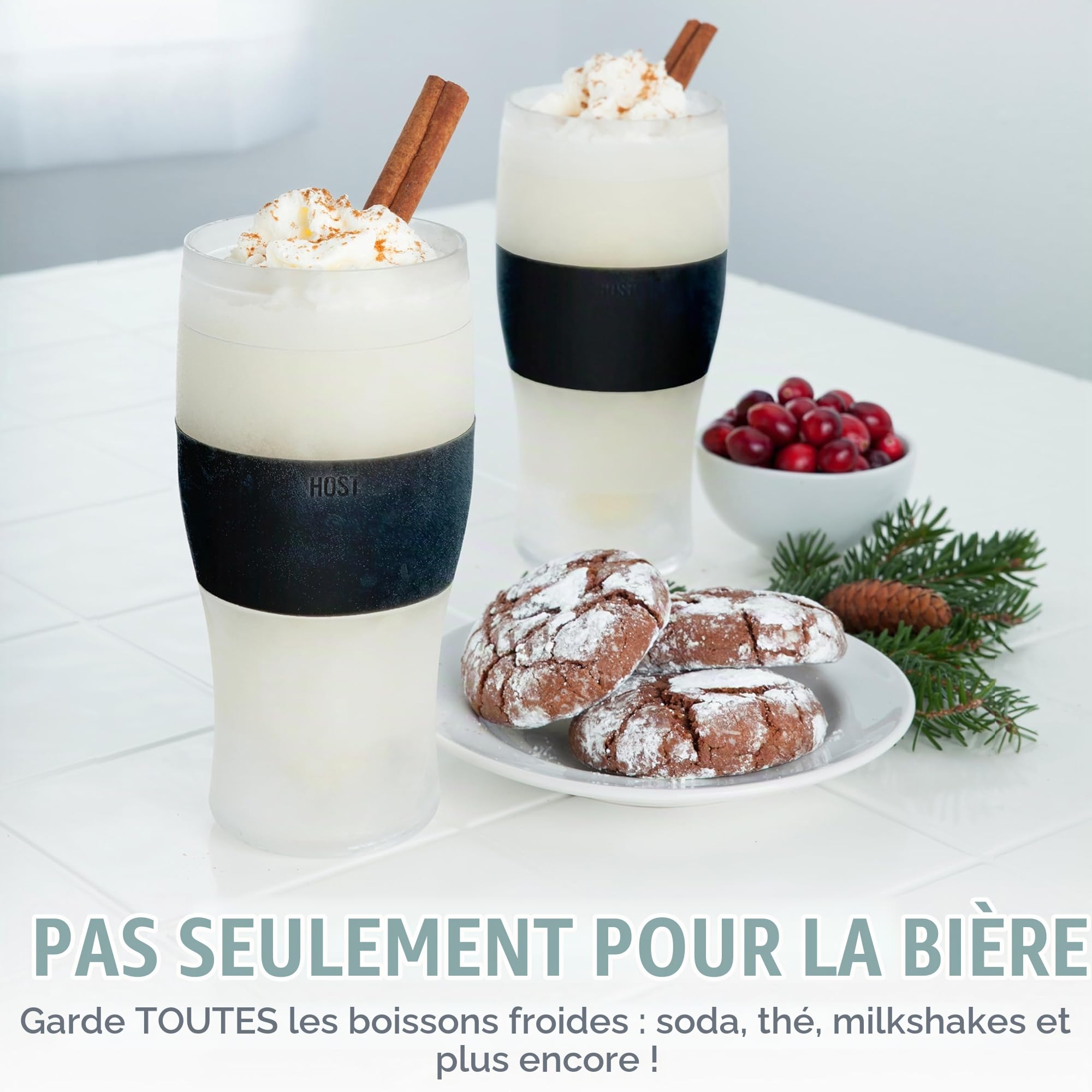 Host Beer Freeze Verres à bière rafraîchissants, Plastique Double paroi Isotherme réfrigérant, Peuvent être congelés, avec Gel réfrigérant | Pinte à congeler, Lot de 2, 473 ML- Noir et Gris (10017)