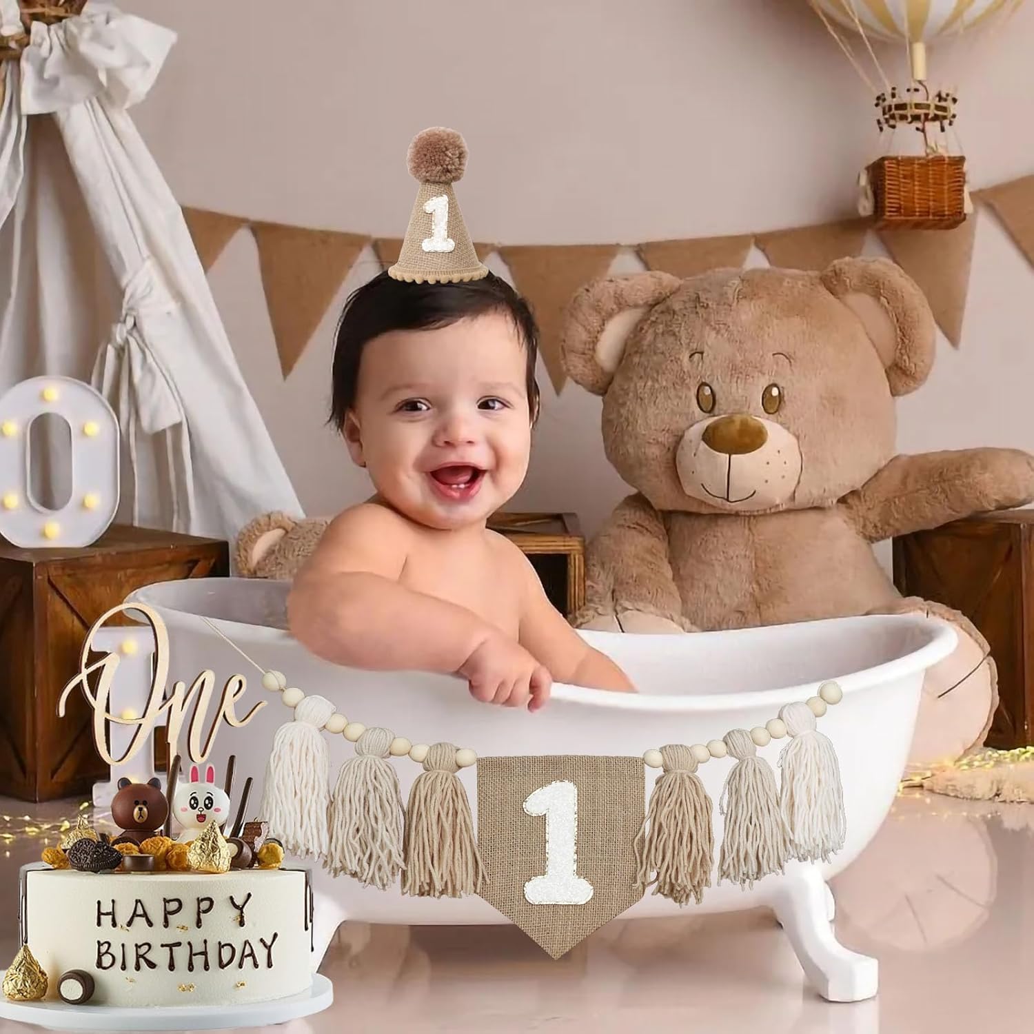 Striscione per seggiolone per primo compleanno, decorazione per primi ragazzi, cappello a cono cachi con un topper per torta sfondo fotografico (Kahaki 2)