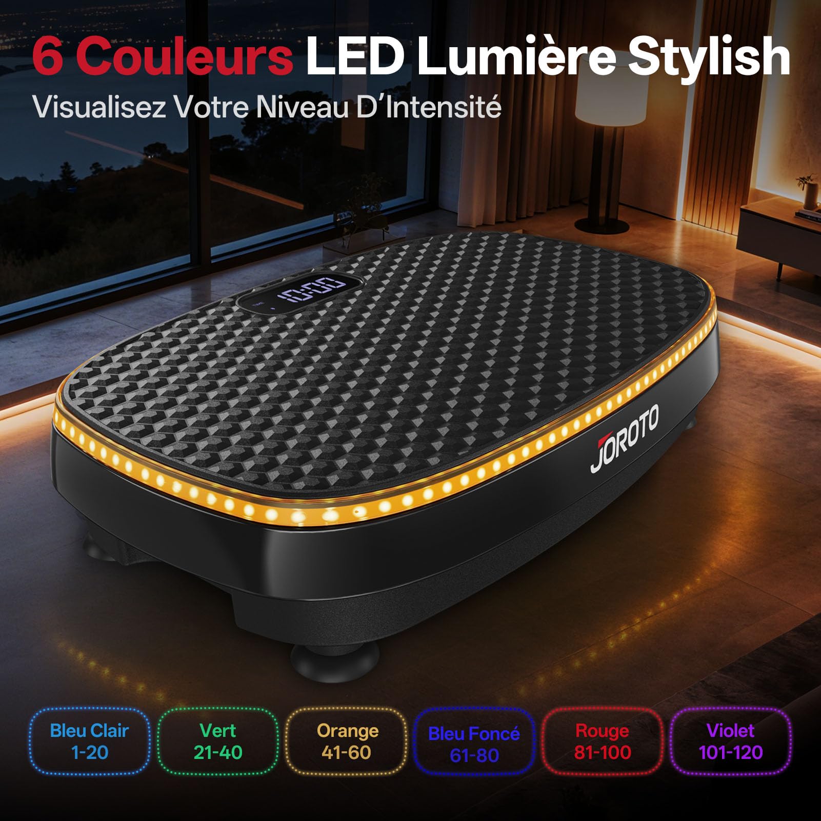 JOROTO JV50/JV60 Plateforme Vibrante 4D pour la Maison, avec 3 Moteurs, 10 Programmes & 120 Niveaux, Haut-Parleur Bluetooth, Éclairage LED pour Entraînement Complet du Corps, Charge Max. de 158KG