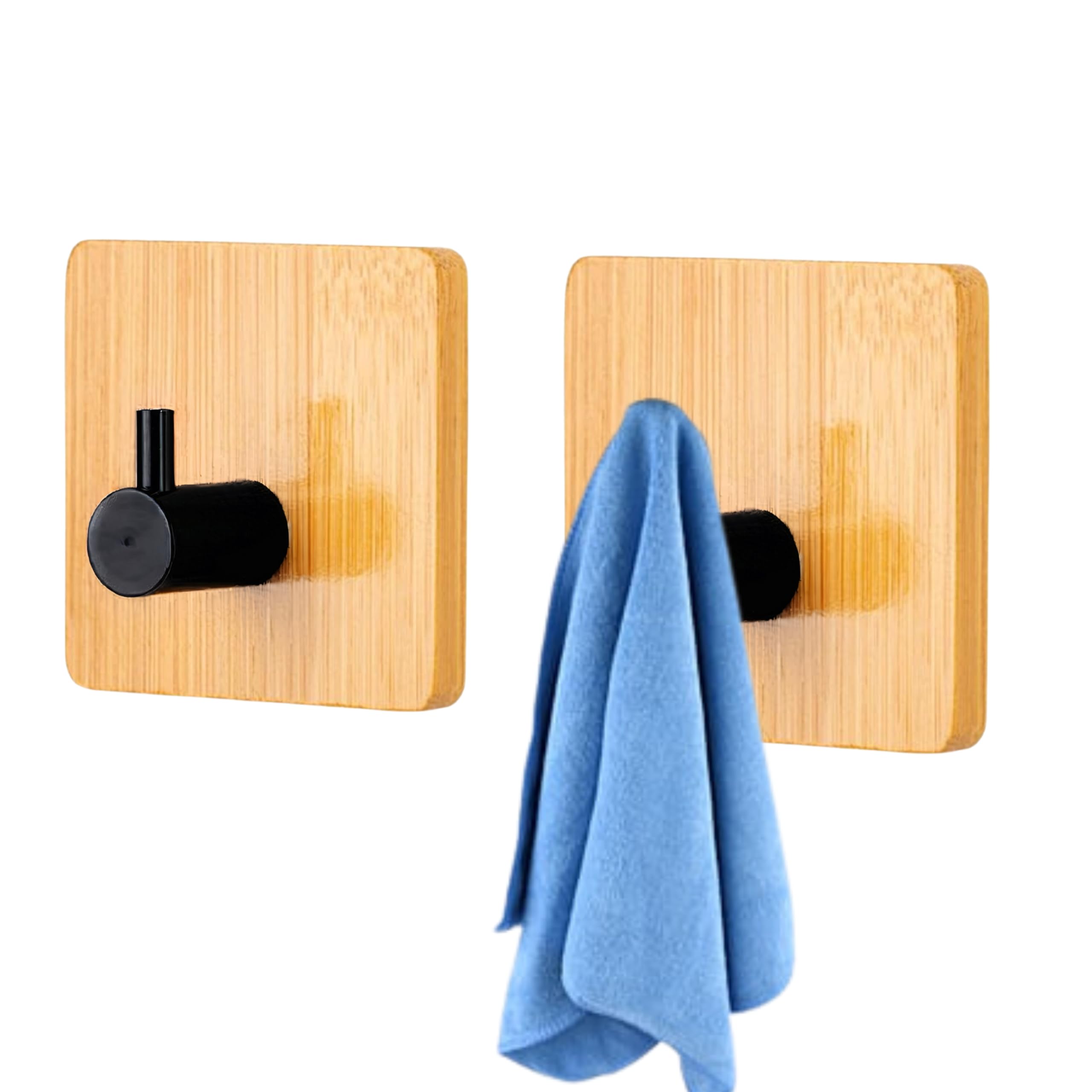 JIALTO 2 pcs Wooden Bathroom and Kitchen Self Adhesive Hooks for Wall Heavy Duty Home Decor Items, Essential Bathroom Accessories, Convenient Kitchen Accessories Items (Square Black Wooden)