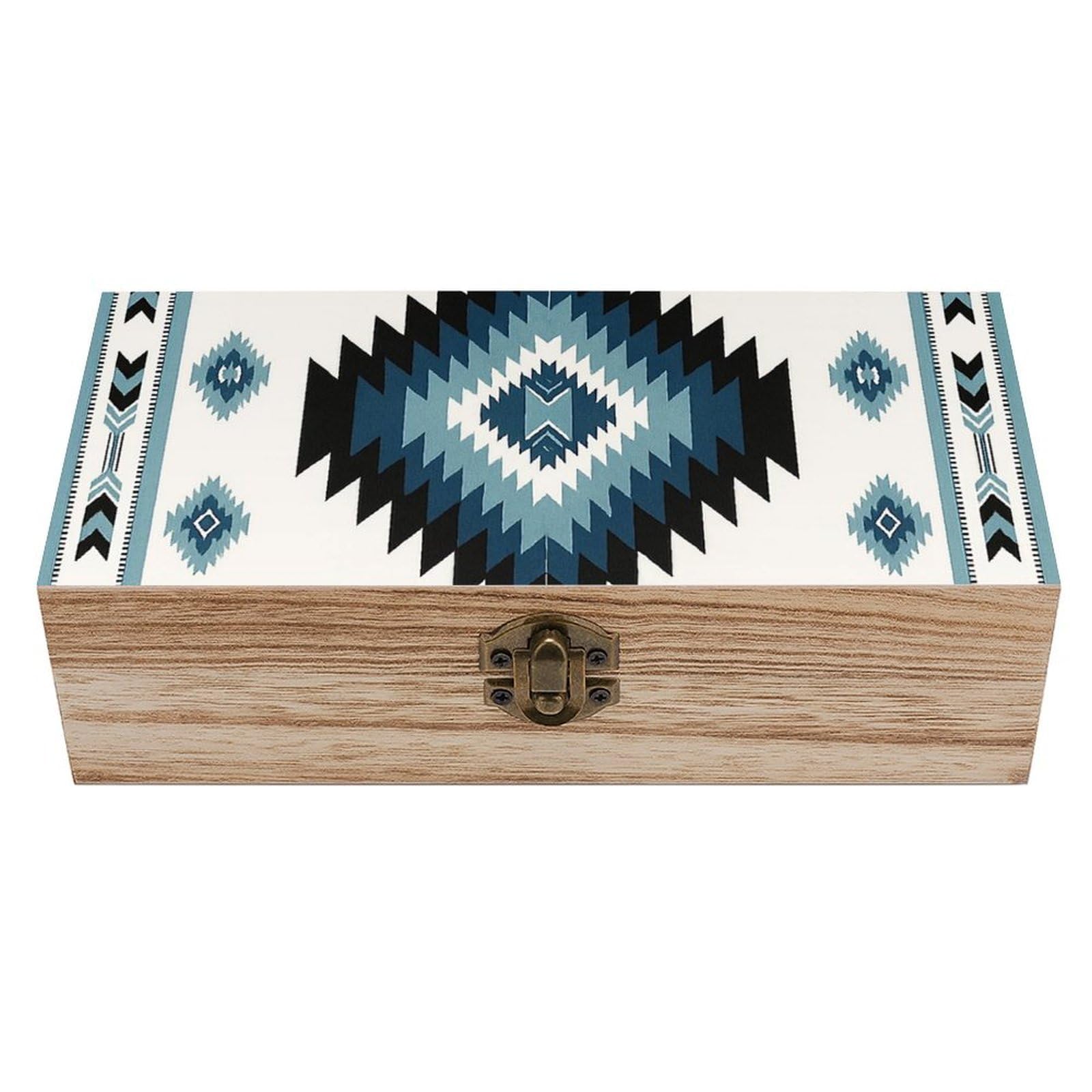 Oudrspo Blue Boho Western Geometric Retro Wooden Storage Box Keepsake Jewelry Decorative Art Storages Box Gift Boxs