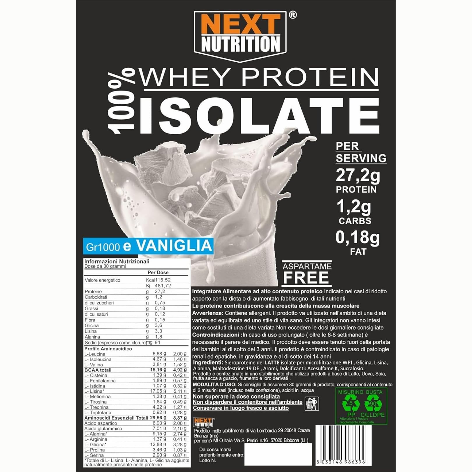 Proteine 100% Isolate WHEY V.B. 104 KG 1 gusto Vaniglia Immediata Assimilazione | Solo 0,18gr di Grassi e 1,2gr di Carboidrati Recupero Muscolare Prodotte in Italia