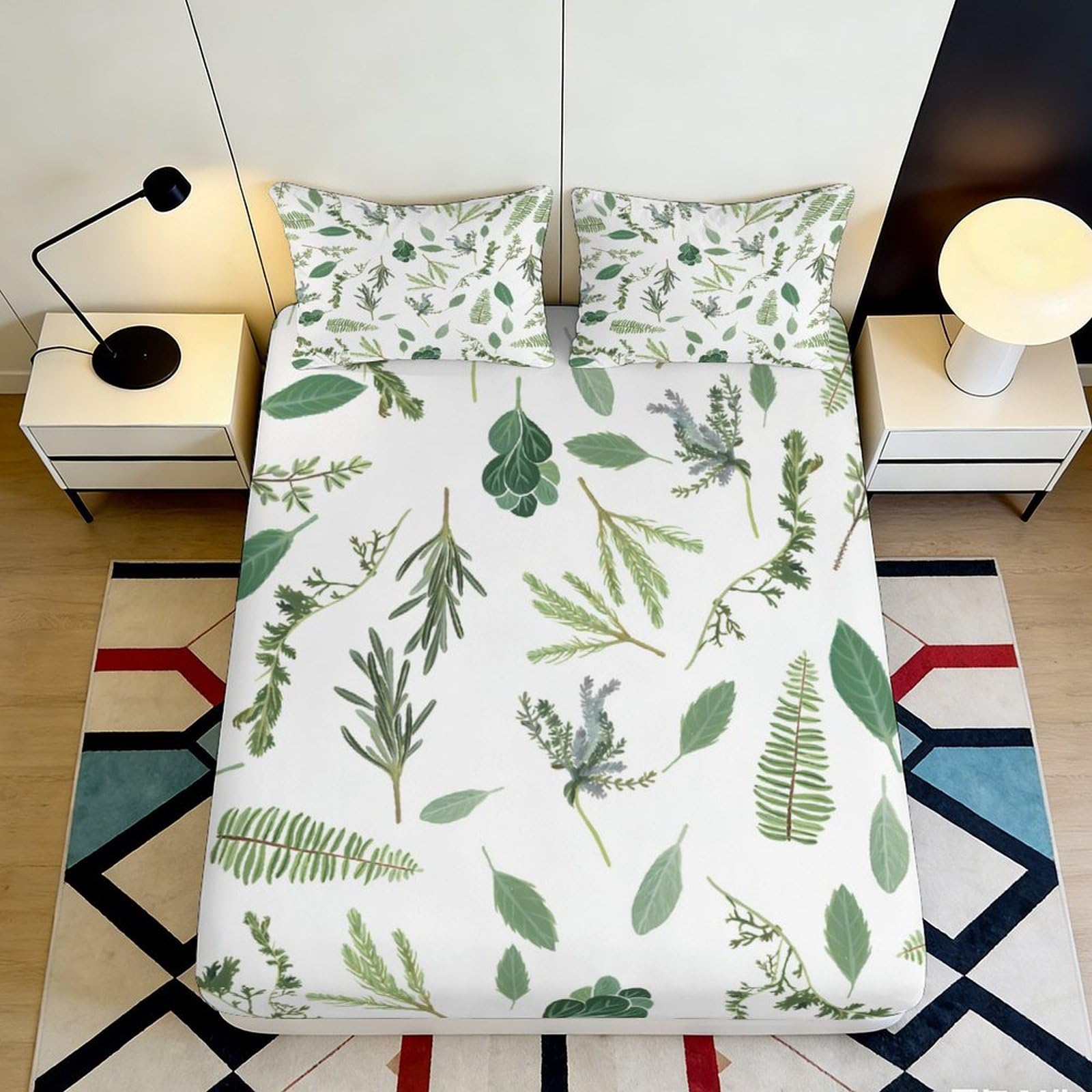 3D Printed Green Leaf Botanical Fitted Sheet Microfiber Soft Breathable Tropical Plant Mattress Cover for Bedroom Guestroom Home Decor 90x200x25cm
