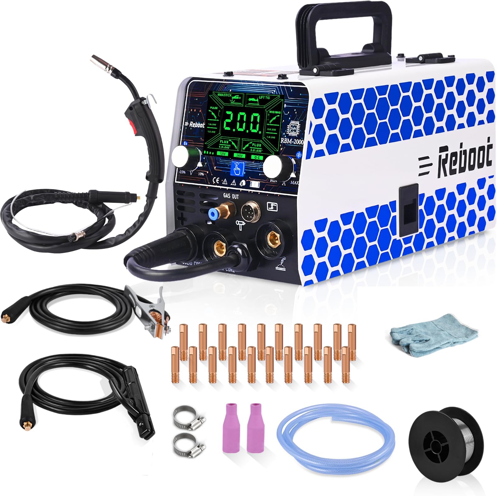 Reboot RBM2000 5-in-1 Multi-Process Welder 200A 230V MIG Mag Gas/Gasless Flux Core Lift TIG Stick ARC Spot Welder IGBT Machine with Gloves & Accessories for Steel DIY Auto Repair Farm Workshop