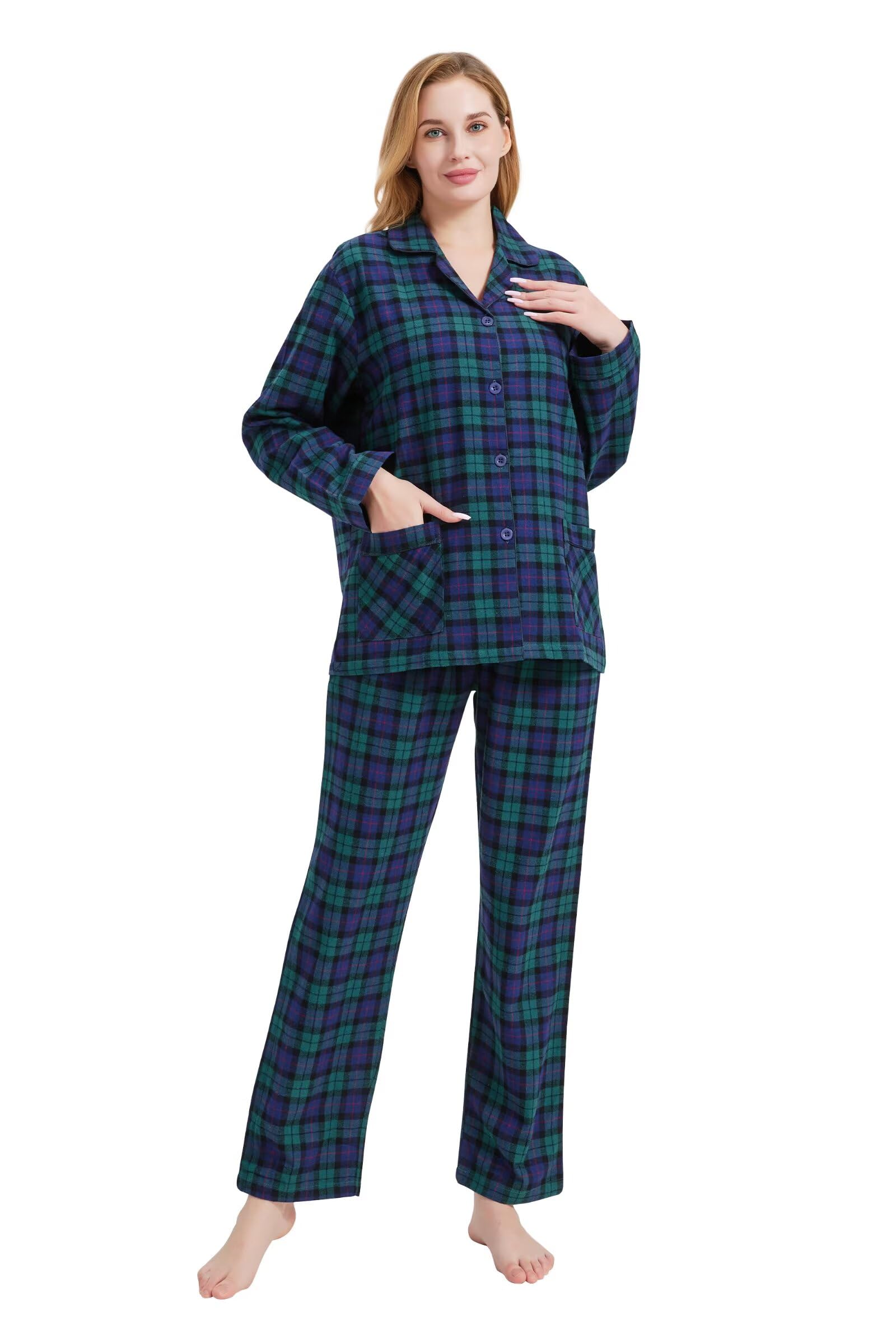 Kolipajam Women's Plaid Green A 100% Cotton Flannel Pyjama Set Yarn Dyed Cozy Long Sleeve Winter Pjs For