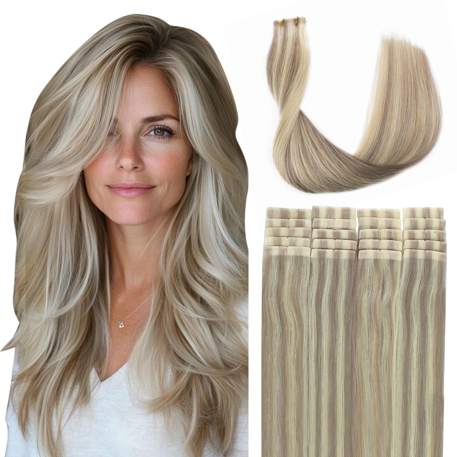 SURNEL Injected Tape in Hair Extensions 16 Inch Colour 18 Caramel blond 613 Bleach Blond Natural Real Hair Extension Upgraded Seamless Remy Invisible Skin Weft Straight 20 Pcs 35g(#18P613-16)