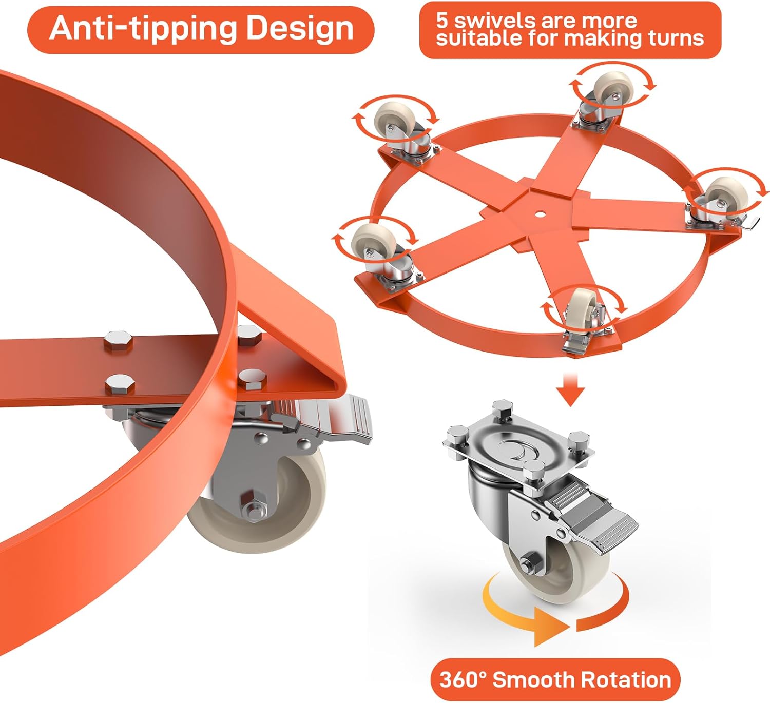 55 Gallon Drum Dolly, 1,250 Pound Capacity Barrel Dolly with Steel Frame 5 Swivel Casters Wheel, Barrel Cart with Brake for Warehouse Drum Handling, 1 Pack