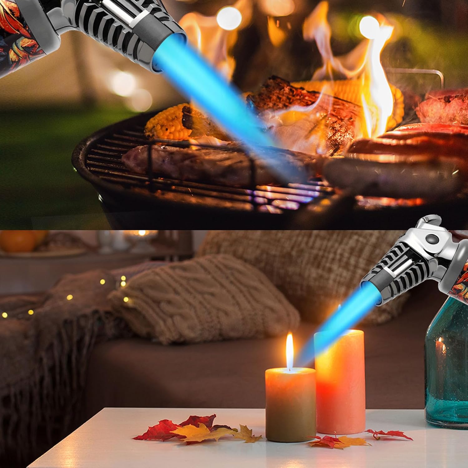 Multifuctional Butane Torch Lighter, Adjustable Flame Refillable Kitchen Cooking Torch with Safety Lock for Candles Fireplaces Campfires (Butane Not Included)(Color:A)