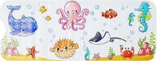 Treebud Tapete de bañera para niños, tapete de baño antideslizante de dibujos animados con ventosa y orificio de drenaje, extra largo de 40 x 16