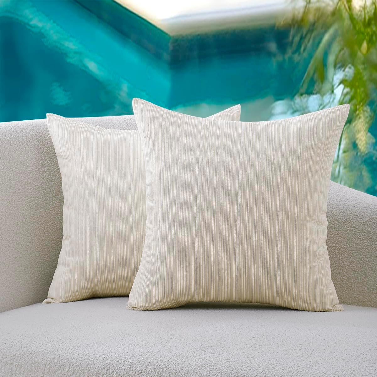 VAKADO Waterproof Beige Stripe Outdoor Throw Pillow Covers 18x18 Set of 2 | UV Fade Resistant Chenille Stripe Patio Pillow Cushion for Furniture Decorative Porch Couch for Garden Bench