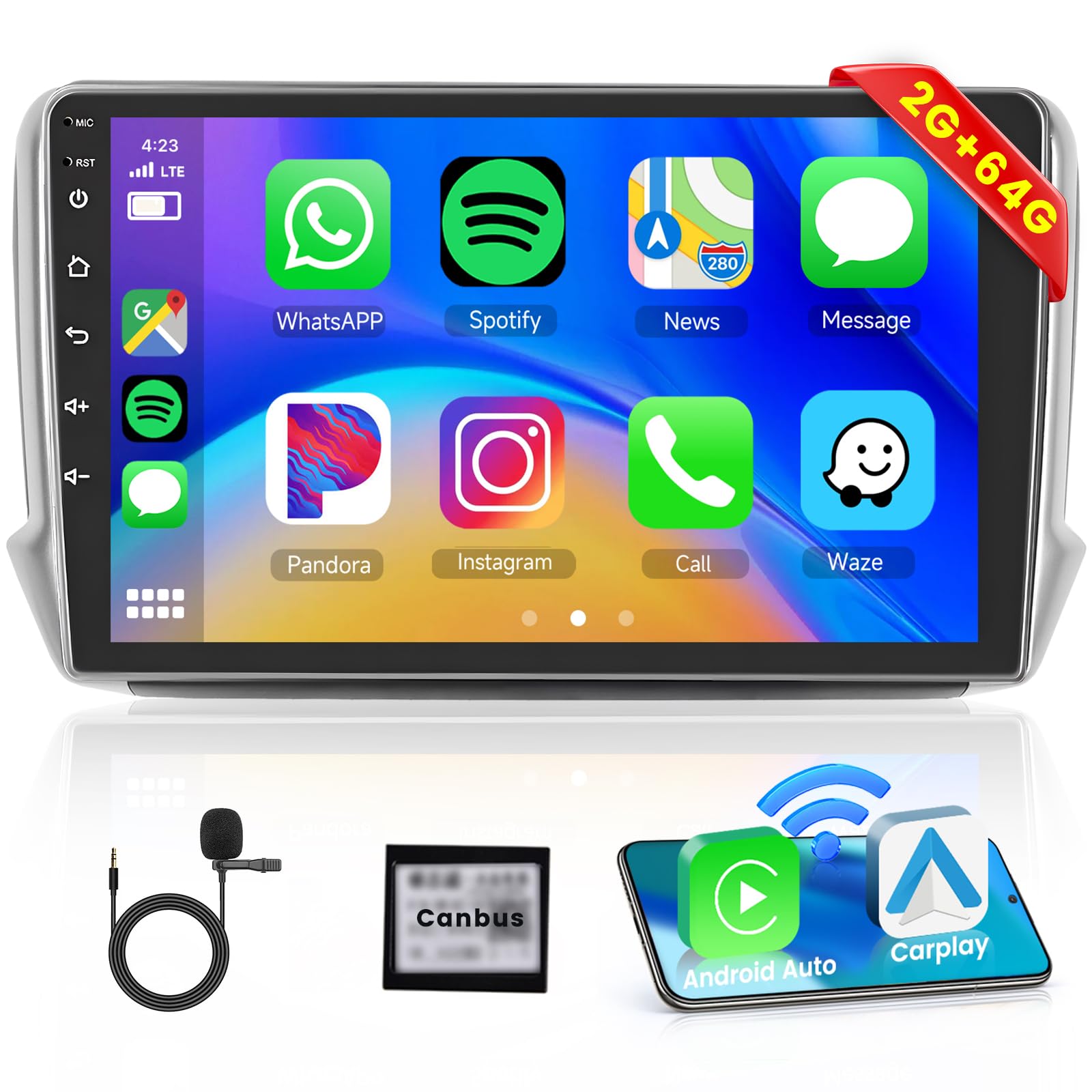 【2+64G】 Hodozzy Carplay Android Auto Autoradio pour Peugeot 208/2008 2012 2013 2014 2015 2016 2017 2018,10 Pouce Touchsreen Bluetooth Poste Radio Voiture avec GPS/WiFi/RDS/FM/USB