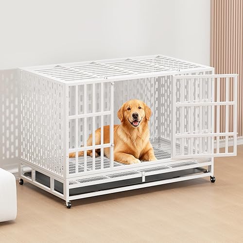 Jaula de acero indestructible para perros de 48 pulgadas, resistente a prueba de escape, jaula de alta ansiedad para interiores de doble puerta, con