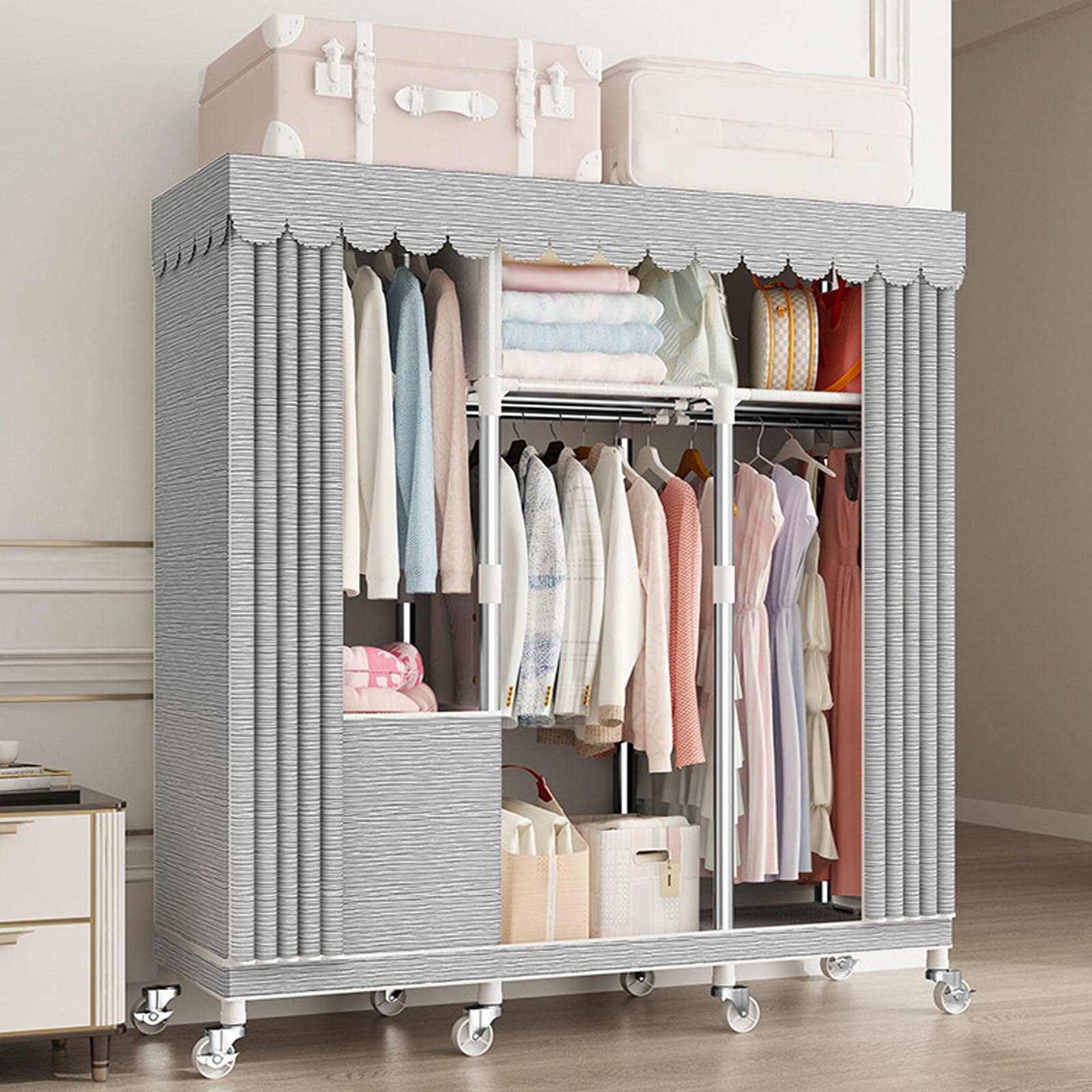 Guardaroba, Guardaroba Portatile in Tela con Asta Appendiabiti, Organizzatore per Armadio in Tessuto per Camera da Letto, Soggiorno,A-125x45x170cm