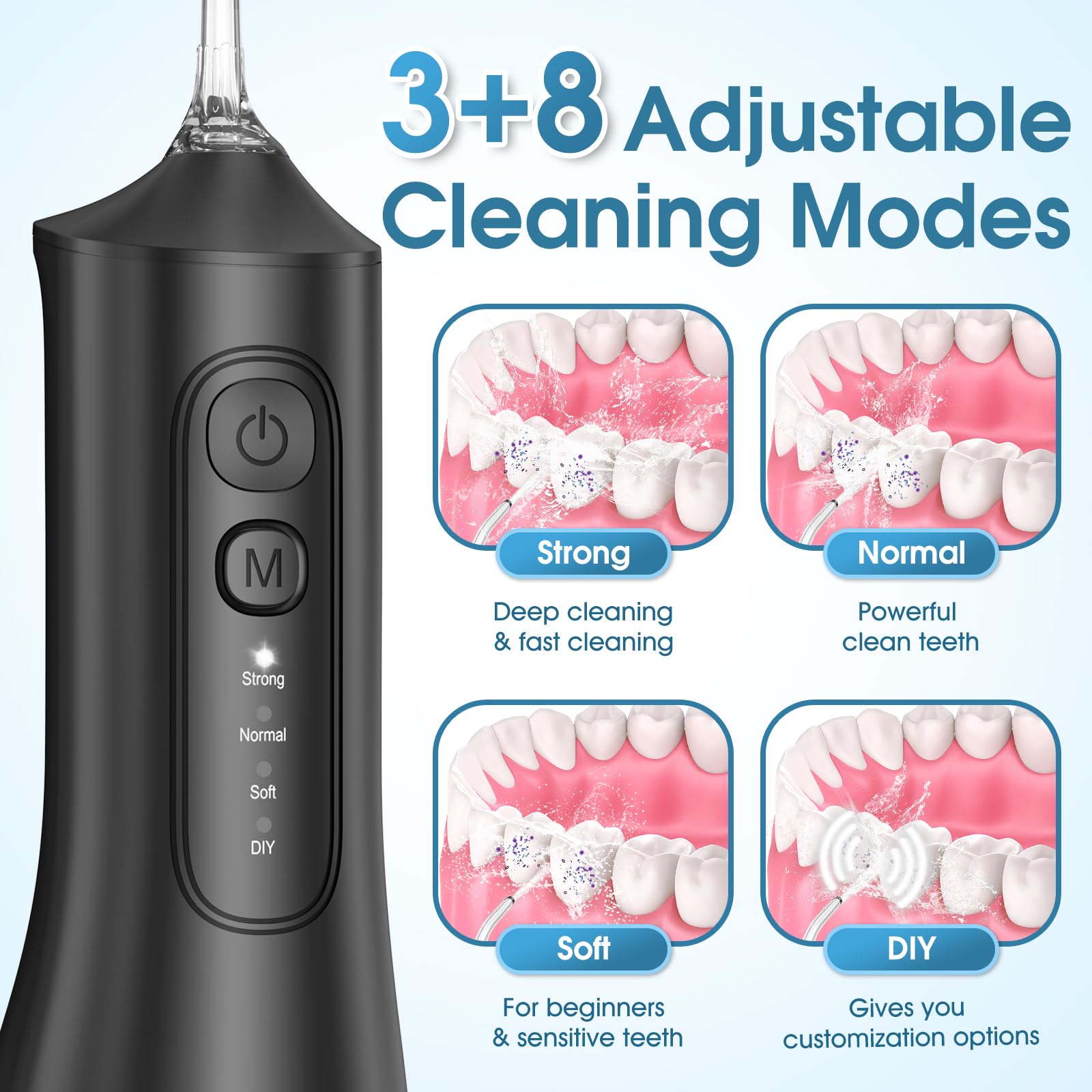 Irrigador bucal recargable de 300 ml, IPX7, impermeable, inalámbrico, portátil, con 4 modos y 6 puntas de chorro reemplazables, limpiador profesional de hilo dental para uso diario en el hogar, viajes
