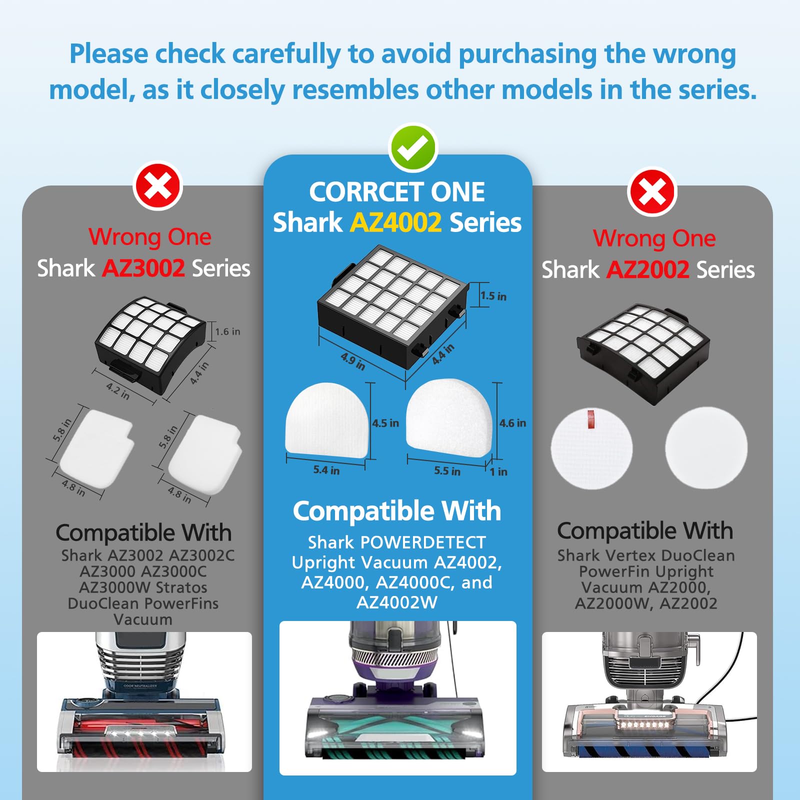 AZ4002 Filtros de repuesto compatibles con Shark POWERDETECT aspiradora vertical AZ4002 AZ4000 AZ4000C AZ4002W, 2 filtros HEPA y 4 filtros de espuma y fieltro