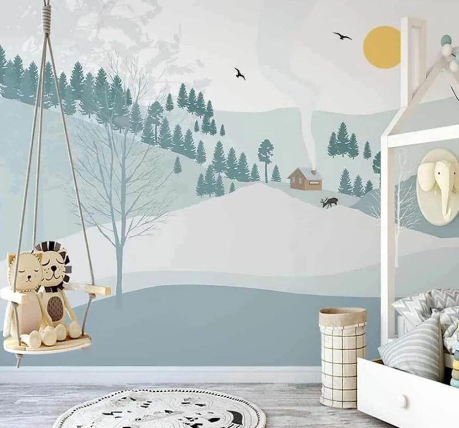 Wallpaper-3D-Xlm 250Cm×170Cm(B×H) Hand Drawn Fresh Valley Forest Cottage 3D Wallpaper Easy Install Feature Office Living Room Sofa Bedroom Tv Background Wall Decoration-250Cm×170Cm