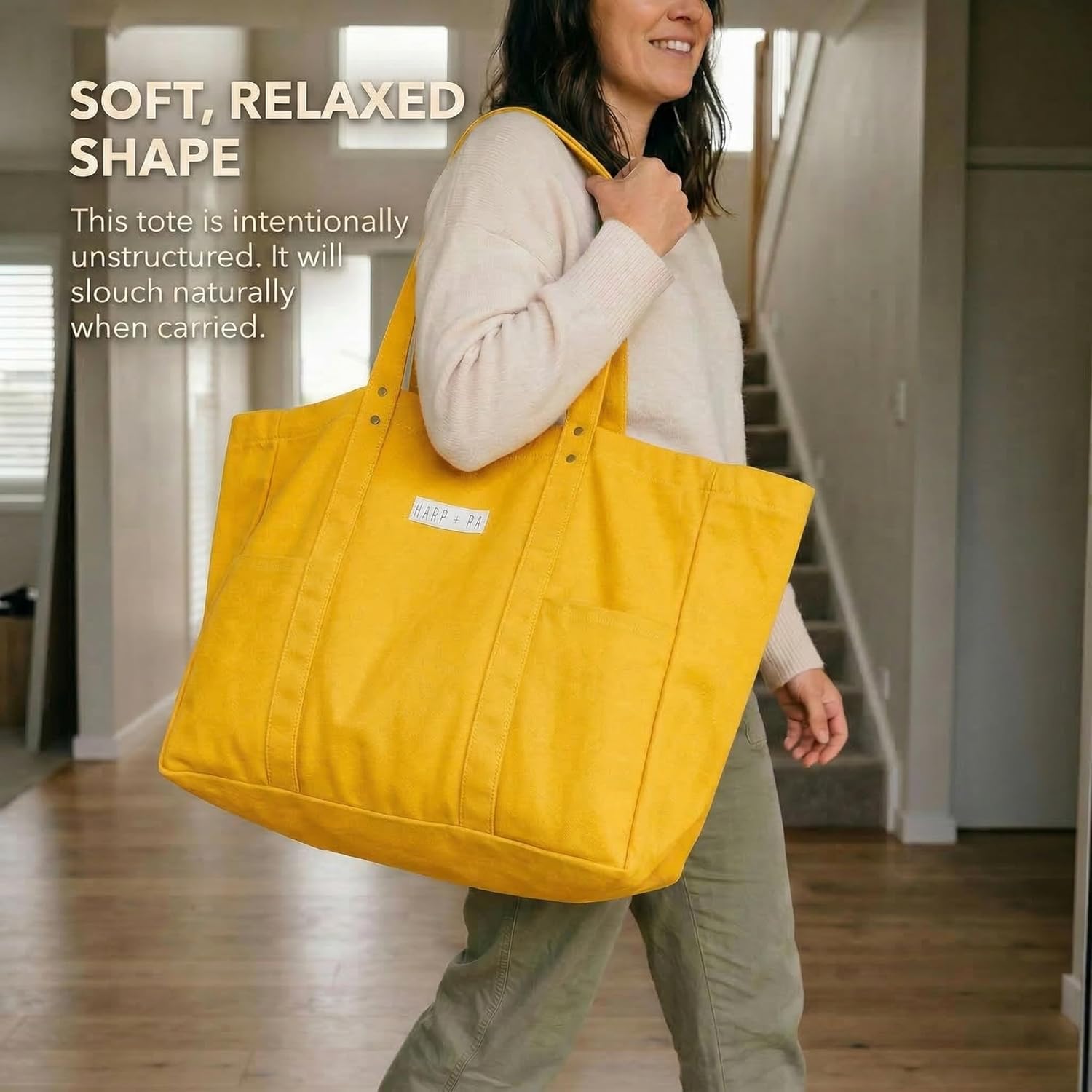 26L Harp + Ra XL Soft Unstructured Canvas Tote Bag for Women, Open Top, No Zipper, Laptop Sleeve, 3 Pockets, 23x18x7 in | Oversized, 16oz cotton canvas, Fits 15 inch laptop, Front slip pockets, Wide shoulder straps, for work, gym, beach