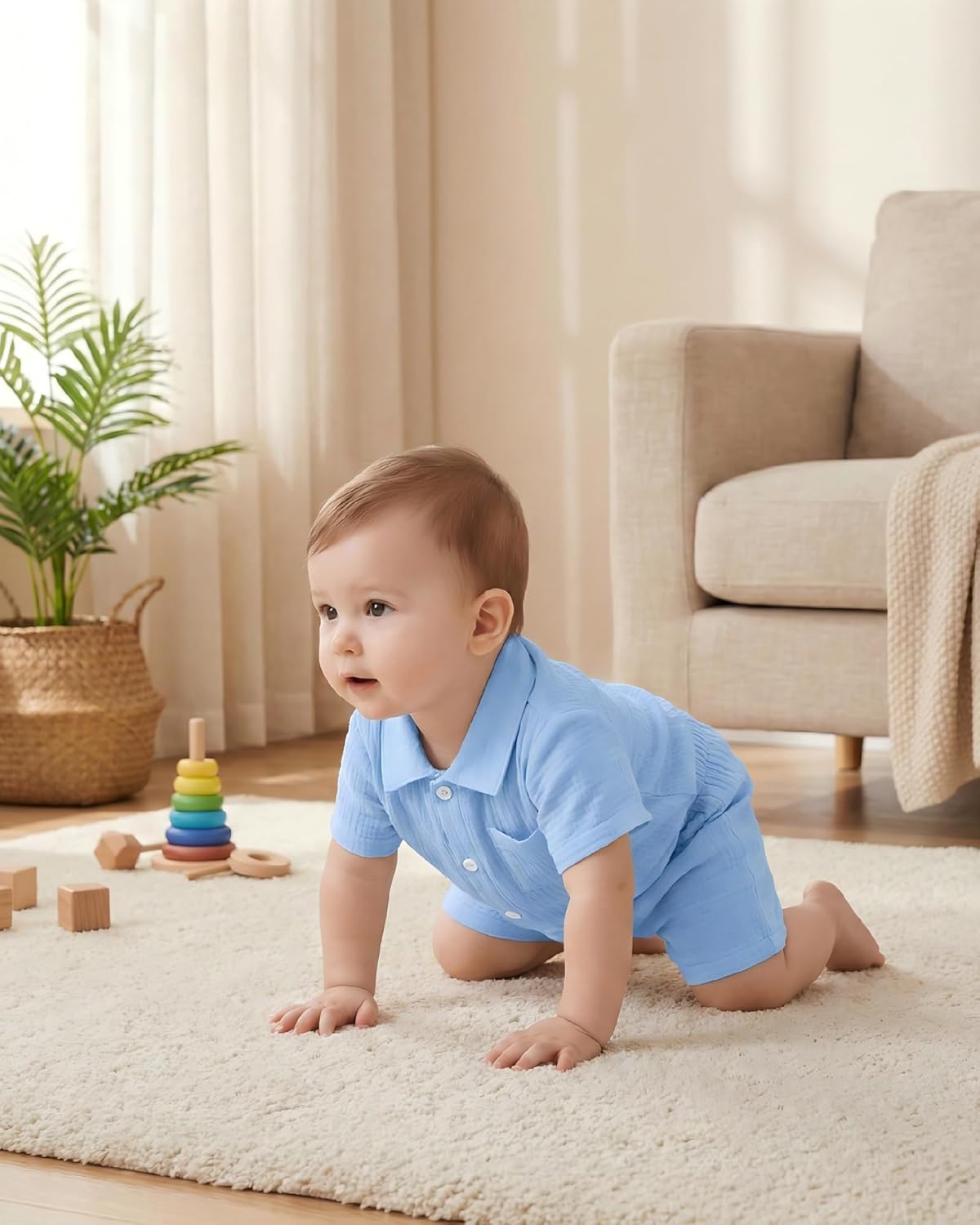 Jecson Newborn Boy Clothes Baby Boy Outfits Summer Cotton 2 Piece Set with Button Down Bodysuit and Shorts 0-18M - Image 6