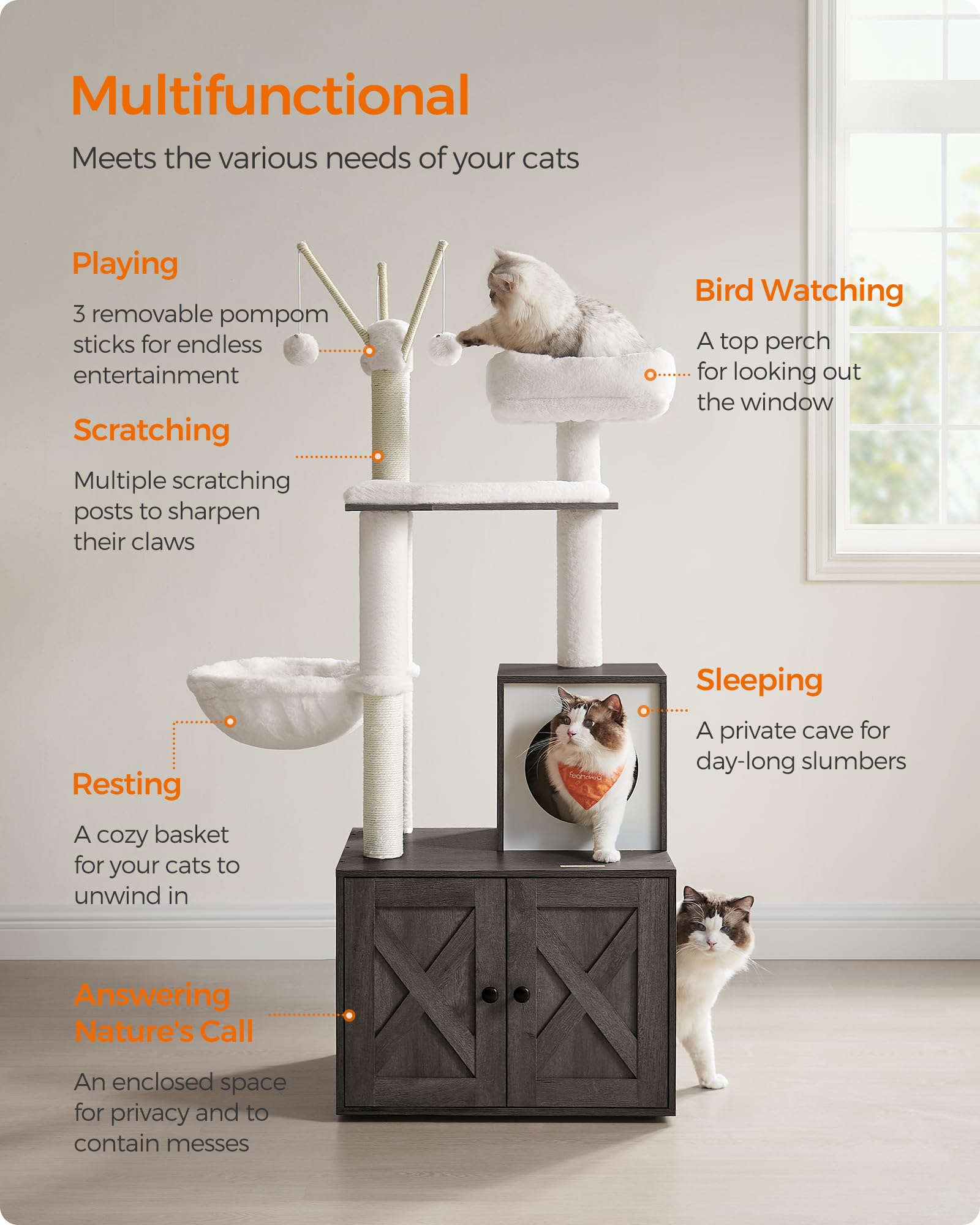 Feandrea Kratzbaum mit Katzentoilette, 150 cm, moderner Katzenturm, 2-in-1-Höhle mit Kratzstämmen, waschbares, abnehmbares Kissen, Misty Gray UPCT113G02