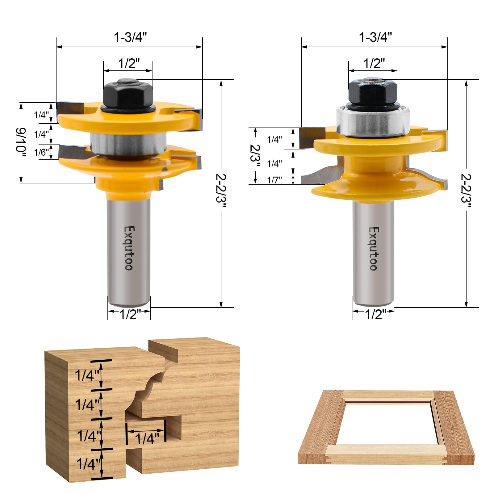 Exqutoo Juego de 3 fresas para enrutador con vástago de 1,3 cm, de carburo cementado, para trabajar la madera, puertas y ventanas (diámetro de la fresa para juntas de espiga: 4,4 cm)