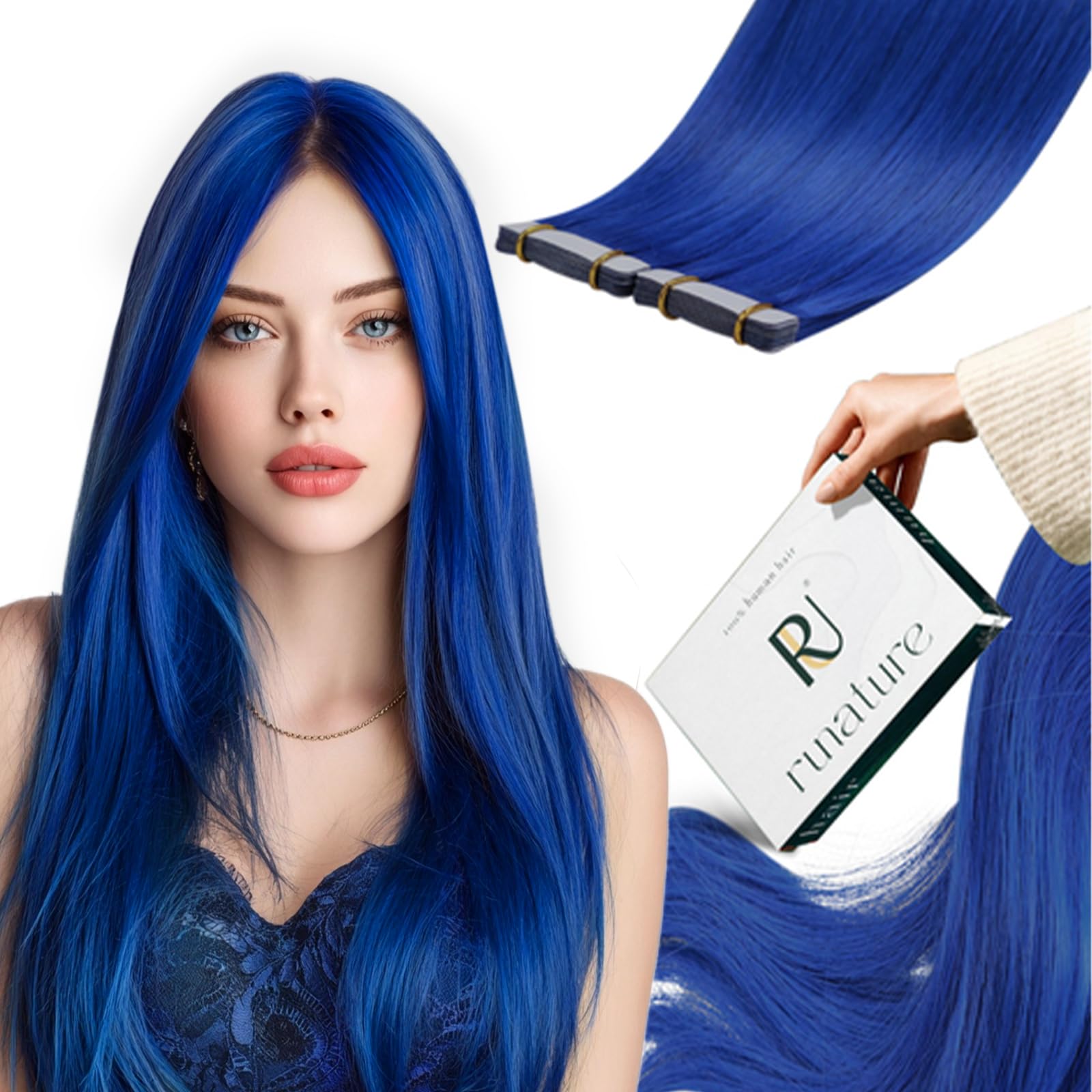 RUNATURE Tape in Hair Extensions Human Hair Blue Tape in Hair Extensions for Women 14 Inch Blue Extensions Hair for Highlight Party Real Hair Can Be