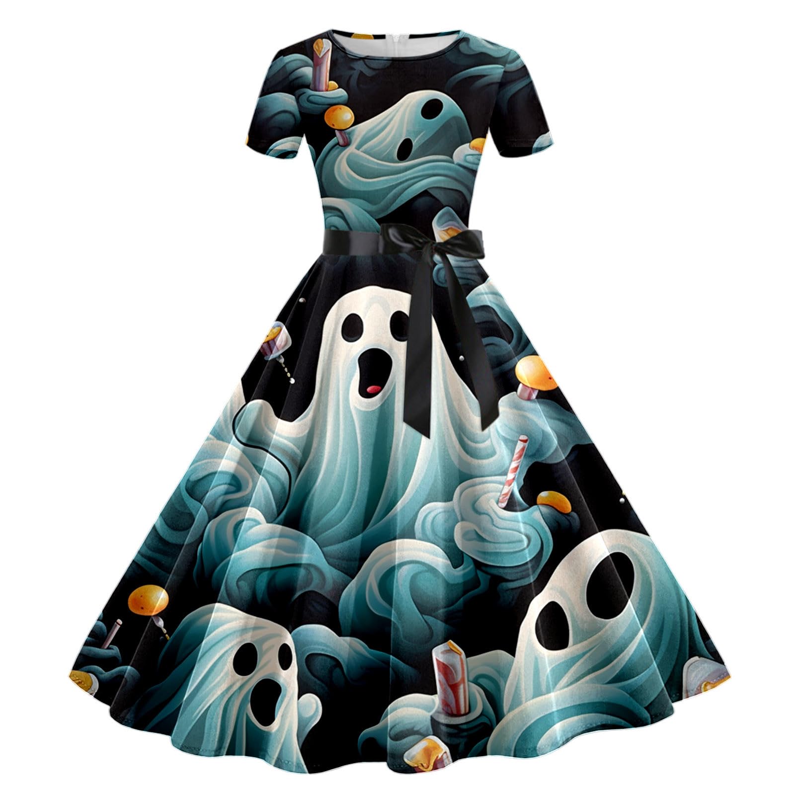 PianshanziHalloween Costume Women's Vintage Medieval Clothing Women's Temperament Long Sleeve Rockabilly Cocktail Dress Lace Tied Waist Tunic Dress Festive Round Neck Devil Swing Witch Dress