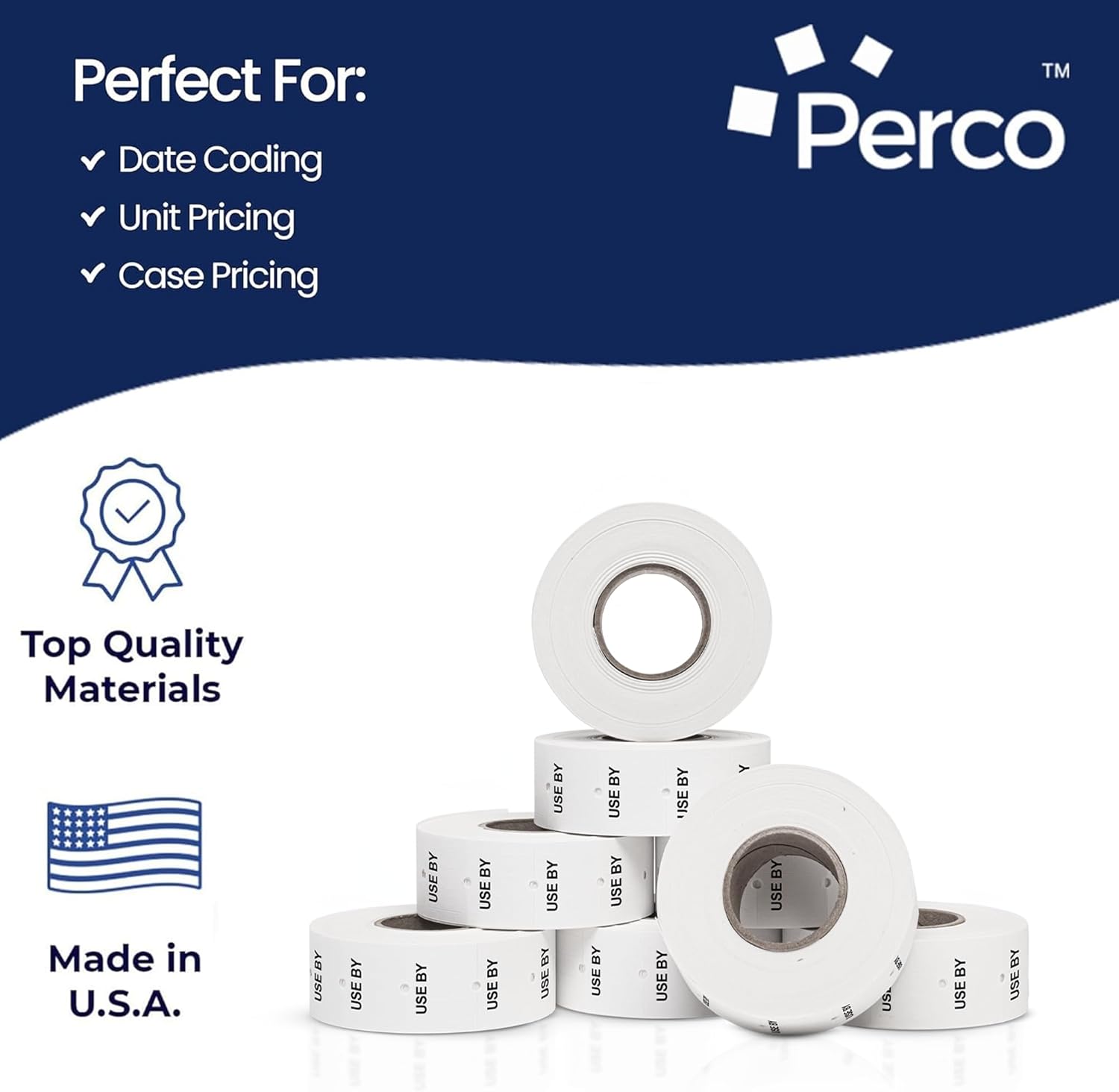 Perco 2 Line USE BY Labels - 8 Rolls, 1 Sleeve, 6,000 Blank Date Gun Labels for Perco 2 Line Date Guns - Made in USA