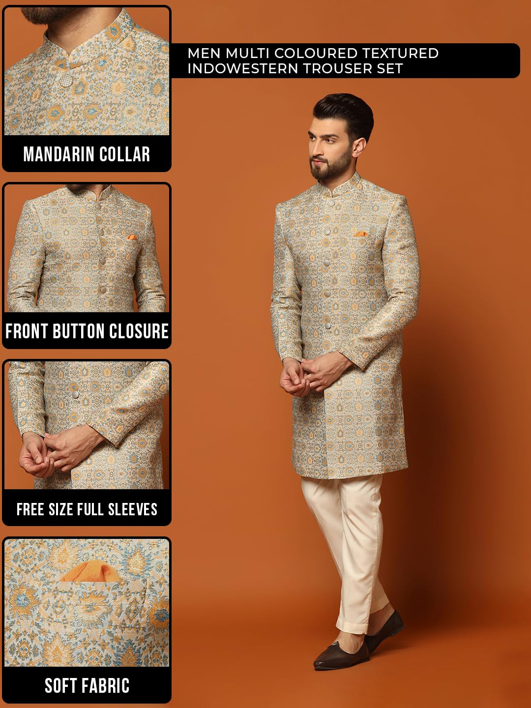 Kisah Mens Sherwani & Trouser Set  Textured Silk Blend Jacquard Ethnic Wear For Men  Regular Fit Wedding & Festive Look  Dry Clean Only, Multicolour, 44