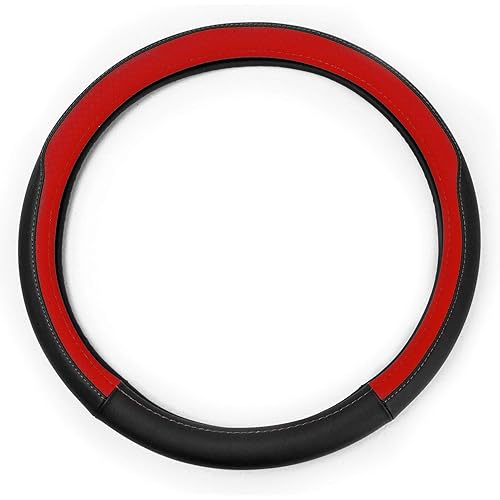 FH Group FH2009 Geometric Chic Genuine Leather Steering Wheel Cover (Red) – Universal Fit for Cars Trucks & SUVs