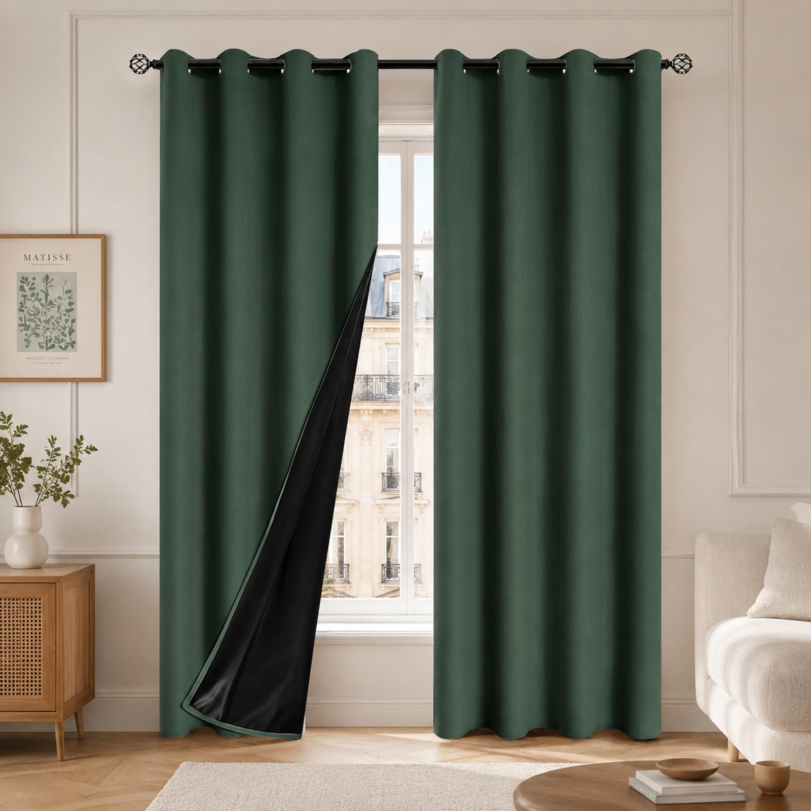 Blackout Curtains Thermal Insulated Eyelet Curtains with Black Liner, Full Light Blocking Room Darkening Window Drapes for Bedroom Living Room(Size:100x250cm/39"W x 98"L(2 Panels),Color:Dark Green)