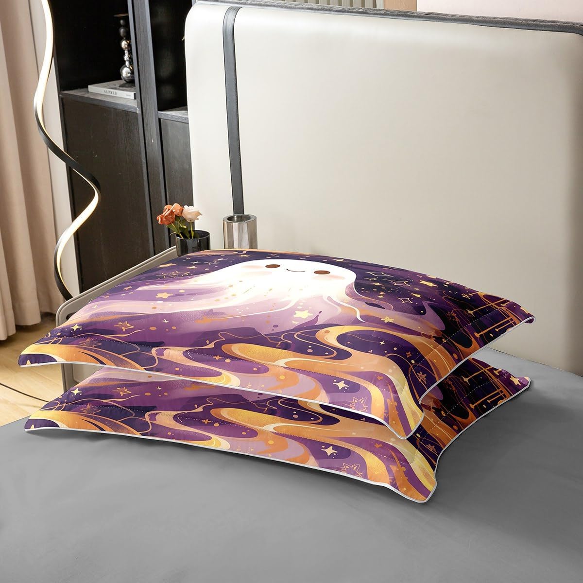 Halloween Ghost Duvet Cover 100% Nature Cotton Twin Size,Retro Luxury Golden Marble Texture Comforter Cover (NO Comforter),Cartoon Stars Purple Tie dye All Season Super Soft Bedding