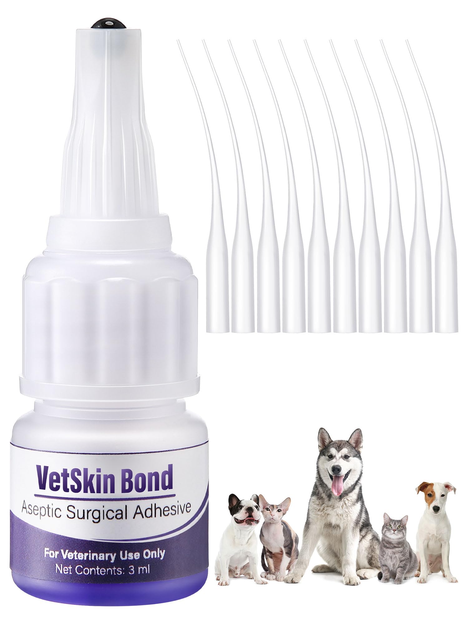 Photo 1 of 1 Pack 3ml Veterinary Surgical Skin Glue with 10 Applicators, Strong Surgical Adhesive, Blue-Tinted Fast-Acting Tissue Wound Glue, Up to 30 Applications, Ideal for Multi-Pet Households