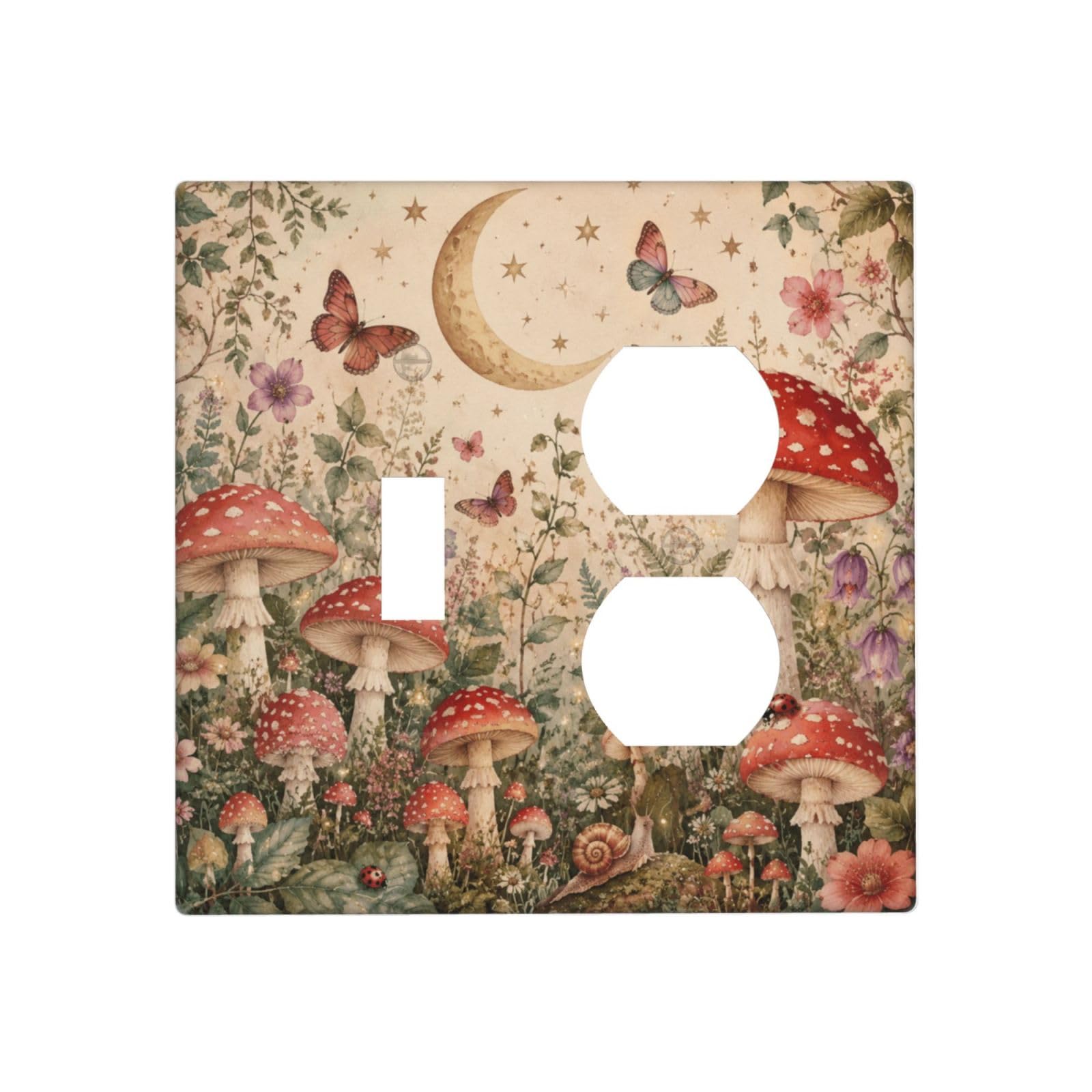 Dwbguo Decorative Outlet Covers Watercolor Mushroom & Moon 2 Gang Wall Plate Single Toggle Duplex Combo Vintage Butterfly Floral Light Switch Covers Switch Plate Cover for Bedroom Bathroom Decor