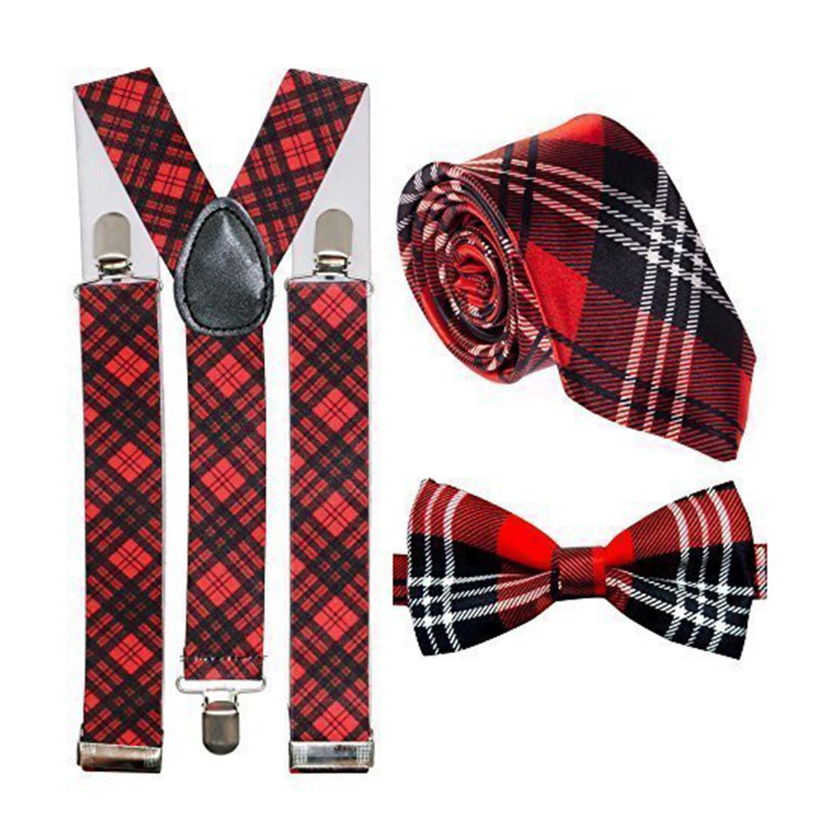 Wickedfun Men's 3 Pieces Full Set Wickedfun® Robert Burns Night Scotland Scottish Tartan Braces, Tartan Tie & Bow Tie Set Theme Party Fancy Dress Accessories (3 Pieces Full Set)
