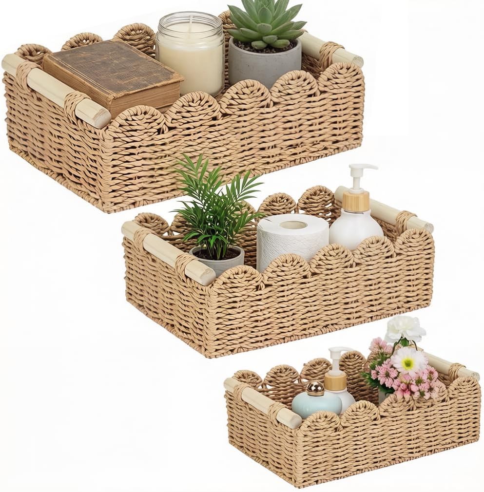 3 Pcs Toilet Paper Storage Basket for Bathroom, 3 Size Woven Paper Rope Scalloped Edge Toilet Tank Basket with Handles Small Wicker Baskets for Organizing Over Toilet Storage Shelf Countertop