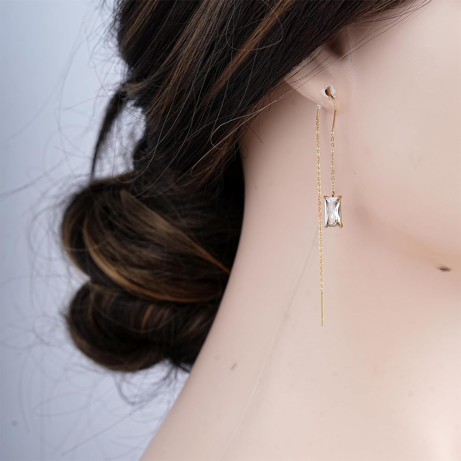 18k Long Dainty Gold Threader Chain Heart CZ Dangle Earrings for Women, Minimalist Fashion Statement Trendy Thin Drop Jewelry Gifts - Image 7