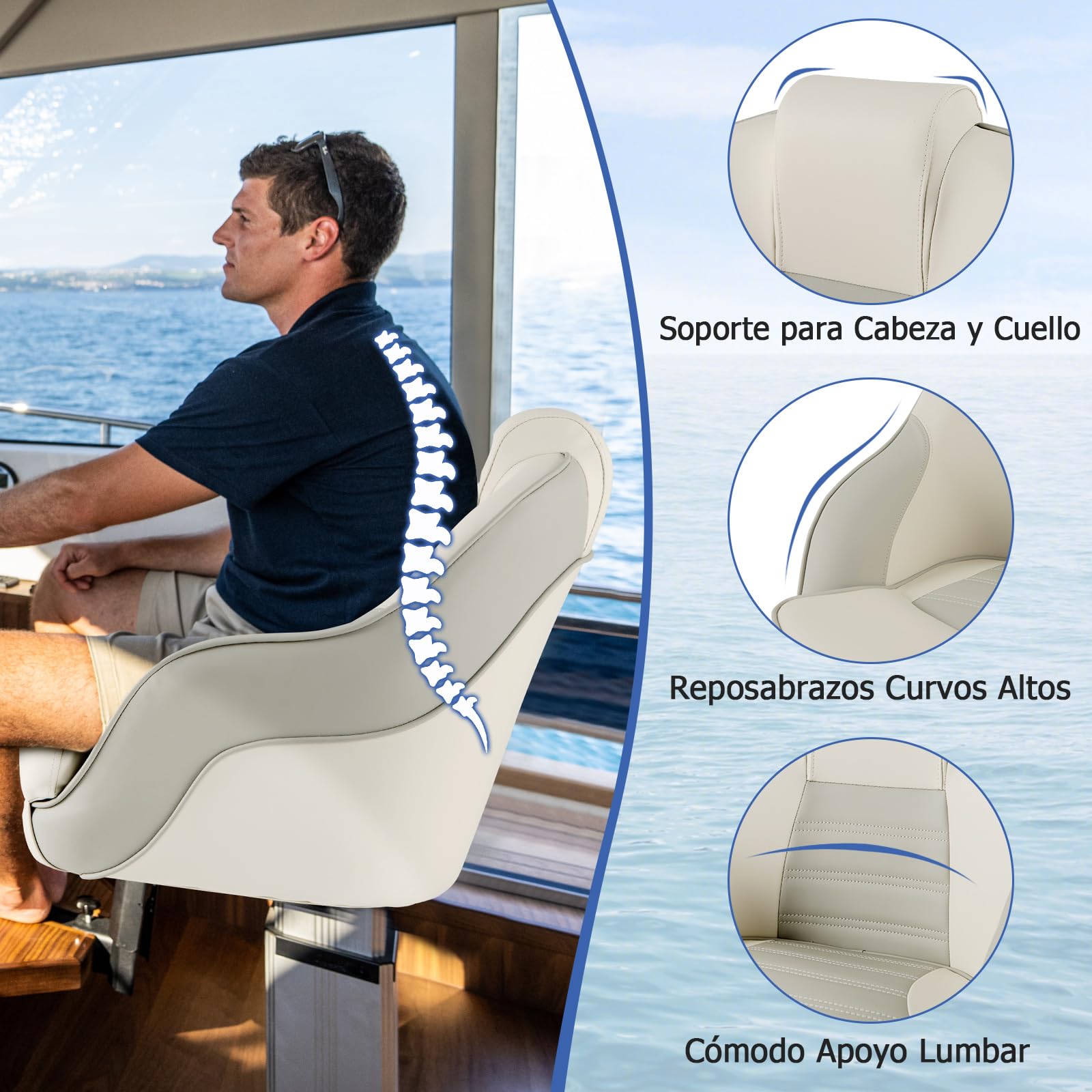 COSTWAY Asiento para Capitán, Asiento para Barco Pontón con Cuero de PVC Impermeable, Acolchado de Esponja Gruesa, Respaldo Alto de 42,5 Cm, Reposabrazos Curvo, Pernos