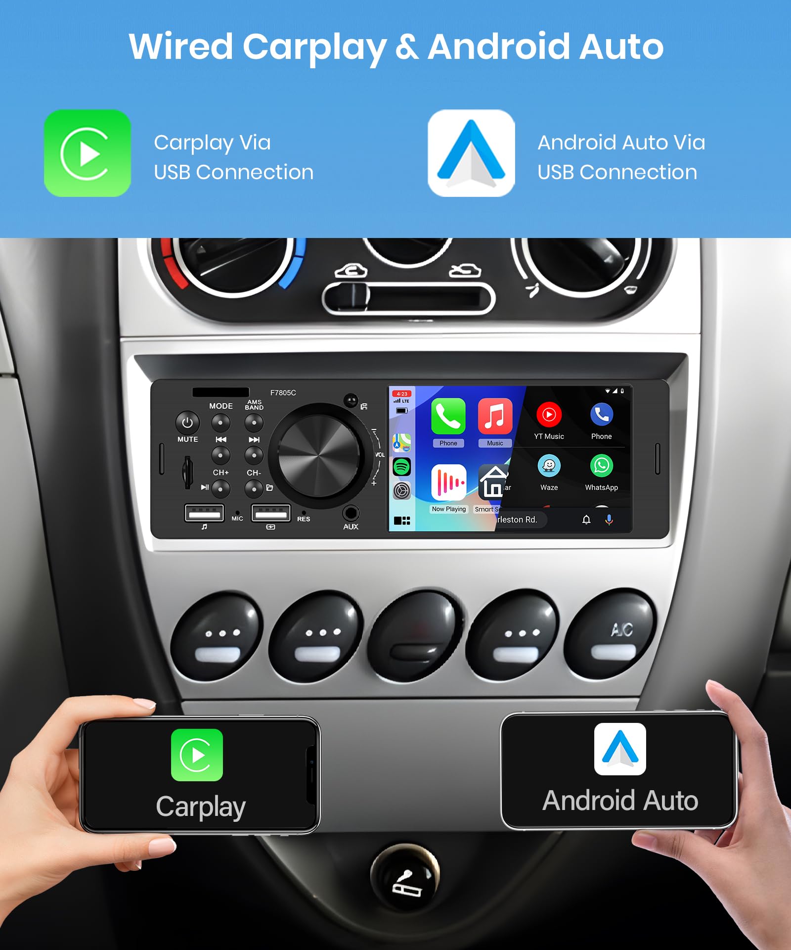 Rimoody Carplay Autoradio 1 Din con Android Auto 4 Pollici Touchscreen 1 Din Autoradio con Pomello con Mirror Link FM/RDS EQ Bluetooth USB/TF Comandi al Volante 12LED Telecamera Posteriore